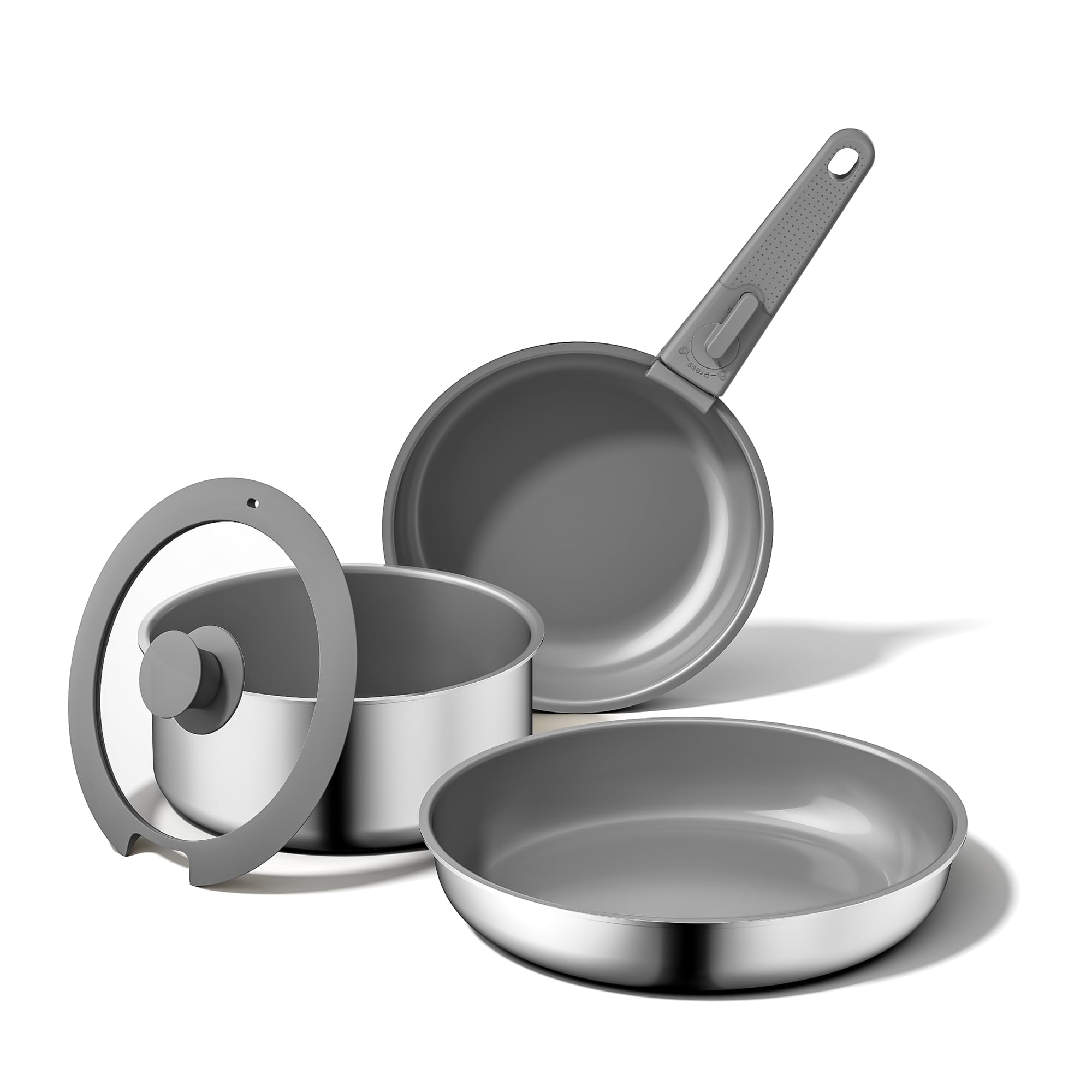 naturepan 5 PCS Ceramic Cookware Set, Stainless Steel Exterior Pots and Pans Set Non Stick, 10x More Durable Super Ceramic Coating, for Induction Hob Pan Set (Grey)