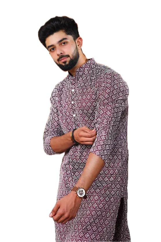 LookMark Men’s Printed Silk Blend Kurta with Mandarin Collar, Full Sleeves, Straight Fit Traditional Ethnic Wear