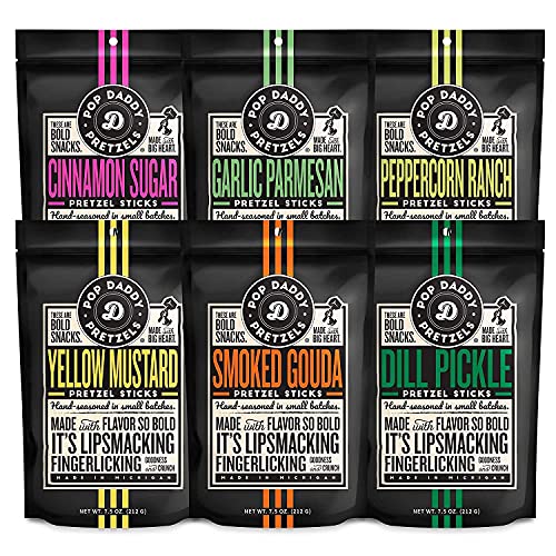 Pop Daddy Flavored Pretzels Sticks, Gourmet Pretzels, 7.5oz Variety Pack, 6 Pack, Garlic Parm,...