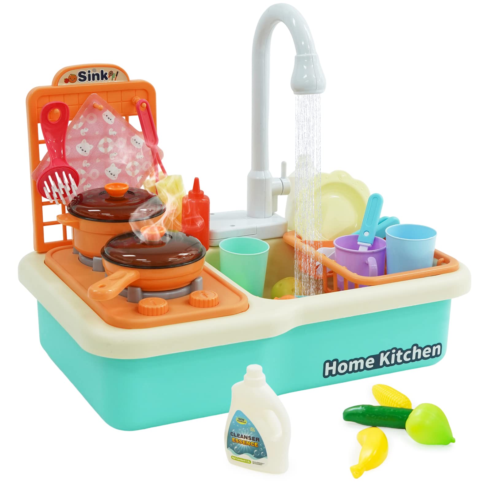 DeAO Juego De Fregadero De Cocina Con Agua Corriente – Incluye Utensilios, Comida De Juguete Y Accesorios De Pesca, Juguete Educativo 2 En 1 Para Niños De 3+ Años