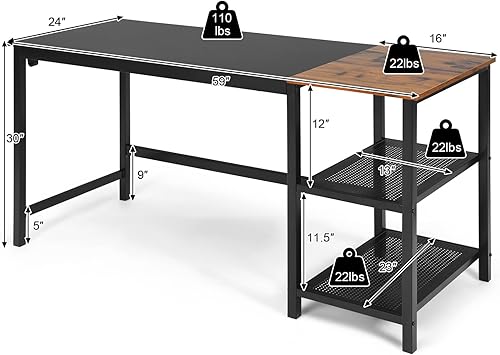 Miniatura 3 de COSTWAY Escritorio para computadora de 59 pulgadas, con 2 estantes de almacenamiento extraíbles, estación de trabajo de escritura industrial con