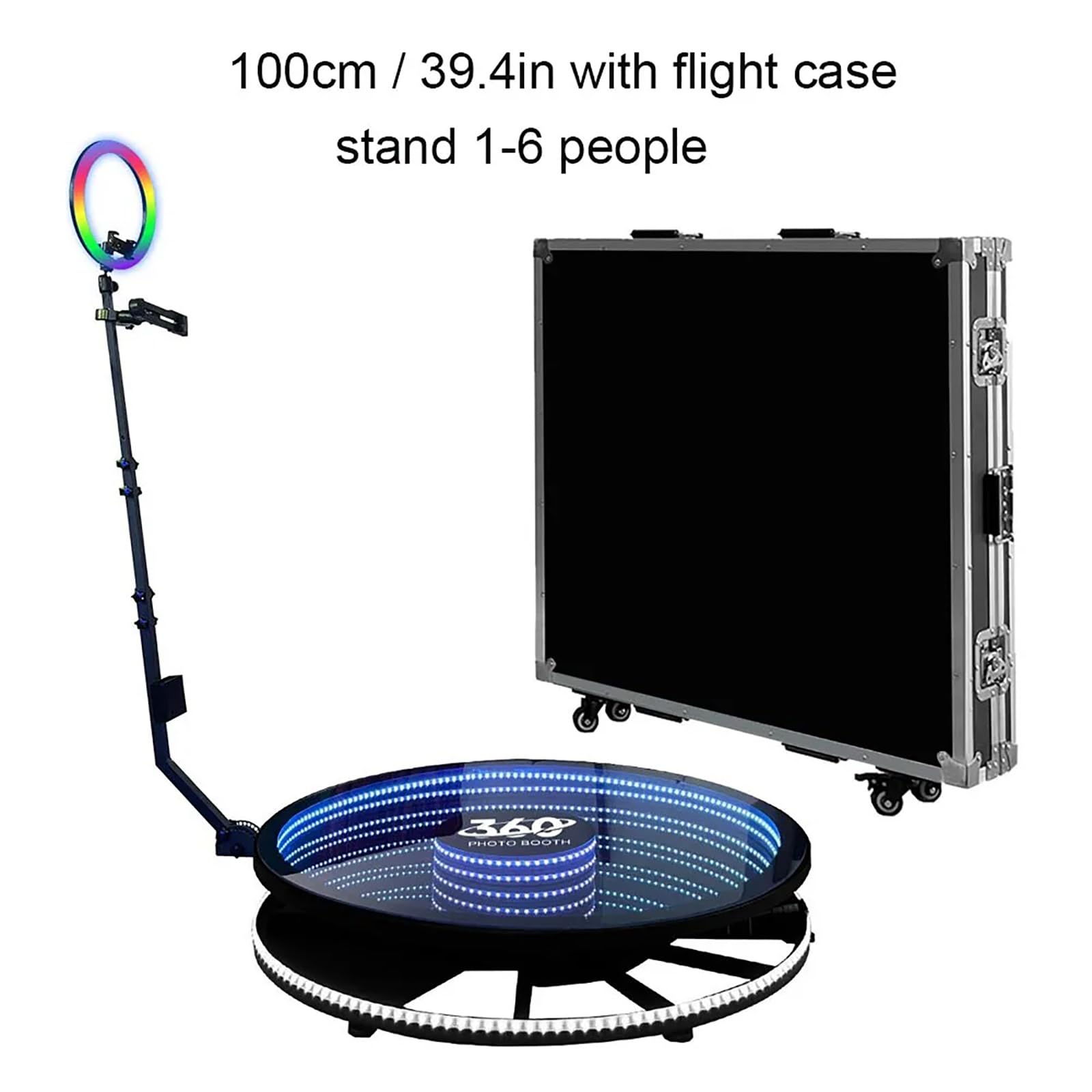 Photo Booth 360 con piattaforma per selfie, APP e telecomando, luce ad anello RGB, rallentatore automatico, cabina video rotante con custodia per matrimoni ed eventi
