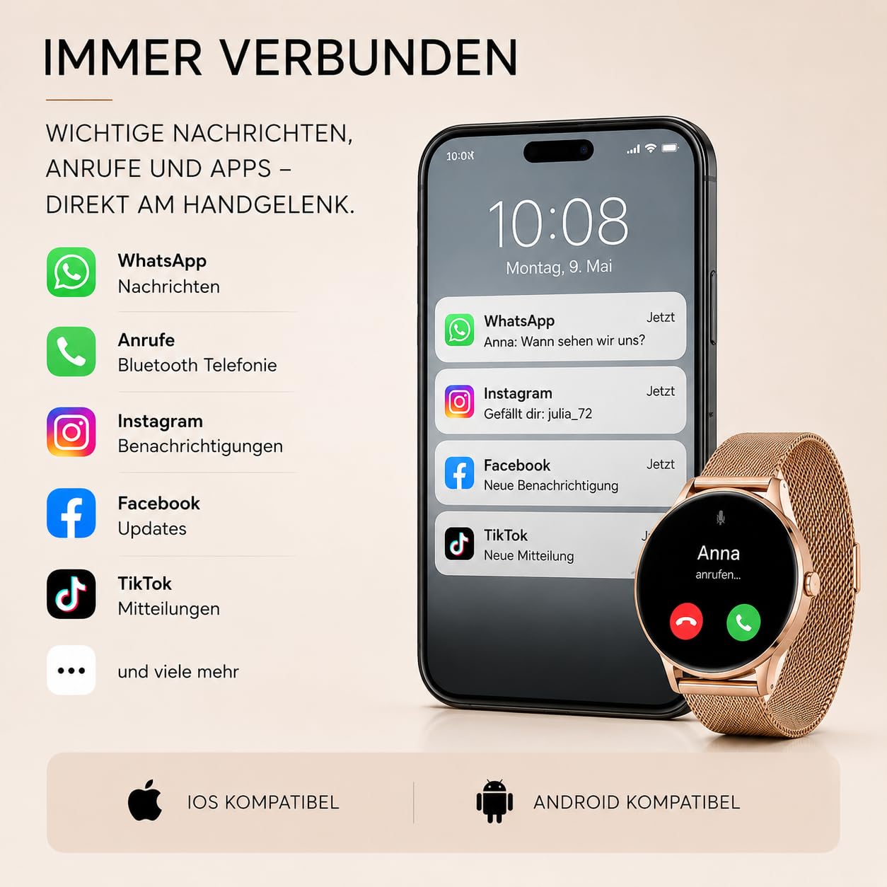XCOAST SIONA 2 Damen Smartwatch Roségold 1,3" AMOLED Fitnessuhr Herzfrequenz Blutdruck SPO₂ IP68 wasserdicht 7 Tage Akku Android iOS