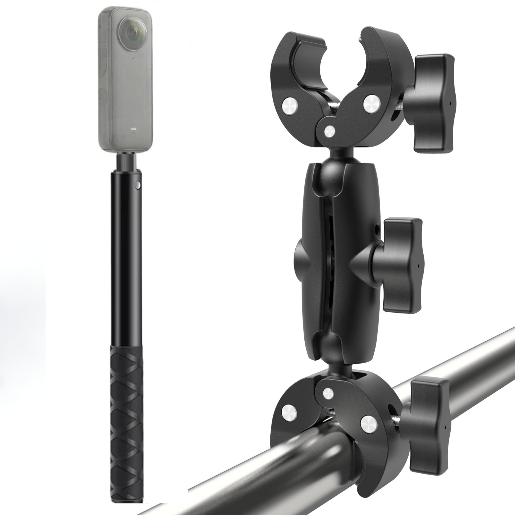 Coverzone Çift Başlı Superclamp Gidon Montaj & 300cm Görünmez Selfie Çubuğu, Insta360 X3, X2,…