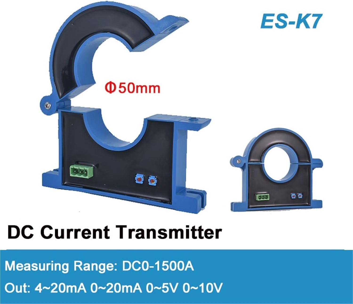 Split Core Current Transmitter 0-1500A AC DC Current Sensor Transducer 50mm Hole 0-10V 4-20mA 5 Current Transmitter(Output 0-20mA,DC0-300A_Hole 50MM_24VDC)
