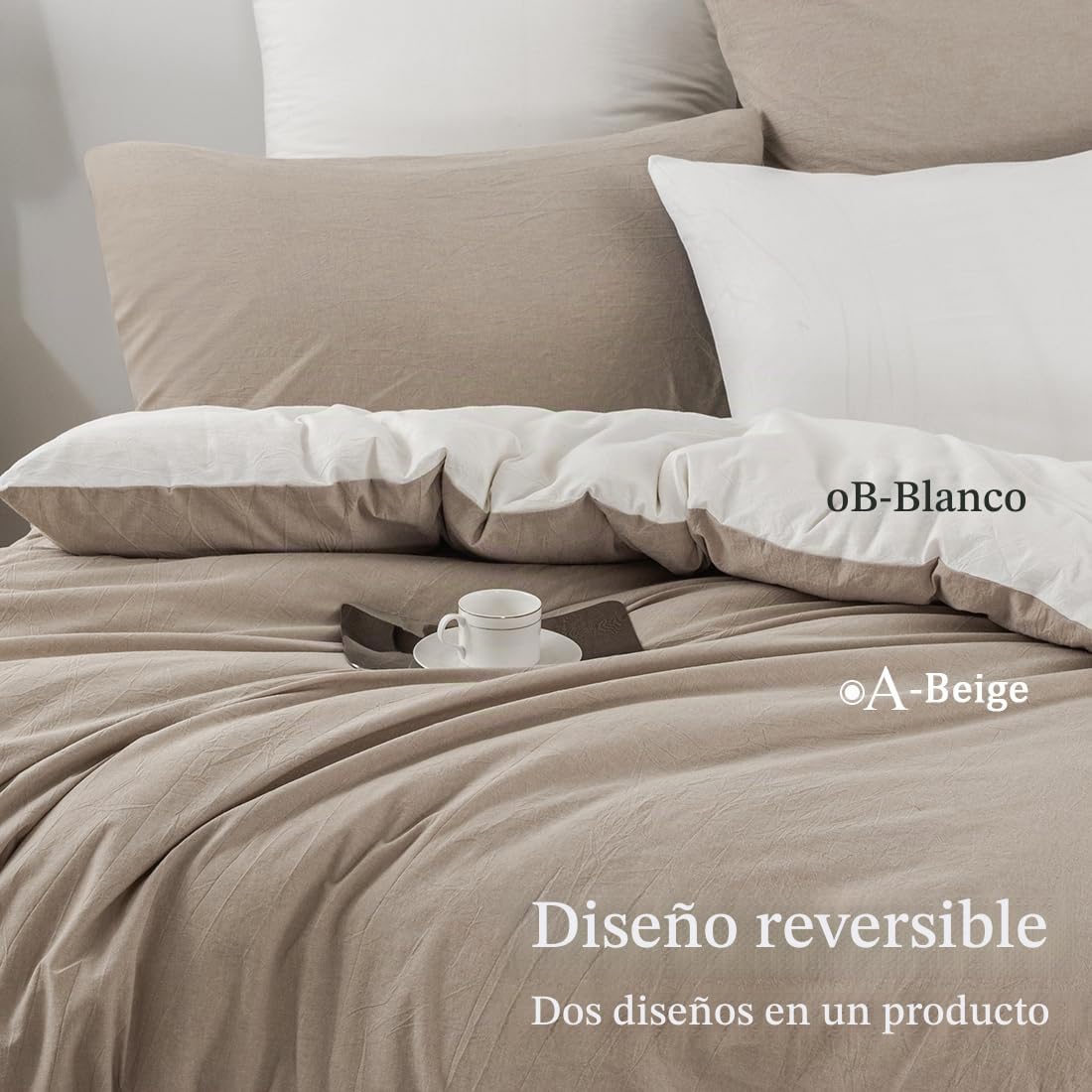Juego de ropa de cama 135 x 200 cm, algodón beige/blanco, 2 piezas, suave, 100% algodón lavado, funda nórdica 135 x 200 cm y funda de almohada 80 x 80 cm