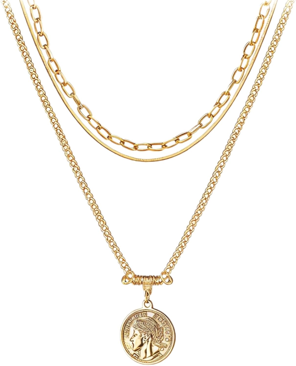 Layered Double Strand Coin Necklace, 18K Gold Plated Brass, Vintage Medallion Charm, 18.9 Inches Adjustable Clasp, Women'S Fashion Jewelry