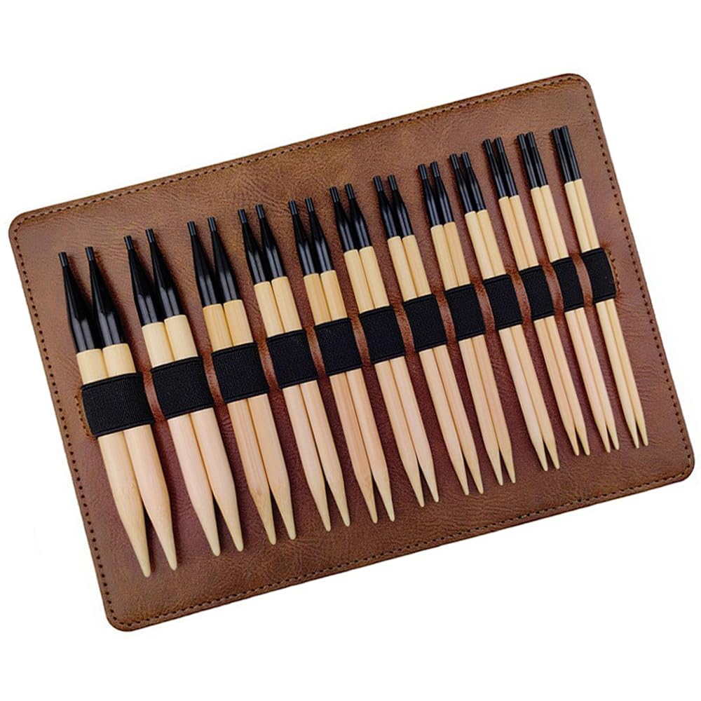 Buxuaaaa 12Pairs Interchangeable Natural Wood Circular Knitting Needle 3.5-10mm with Storage Bag for Weaving Yarn Craft Project Comfortable Grip Needle