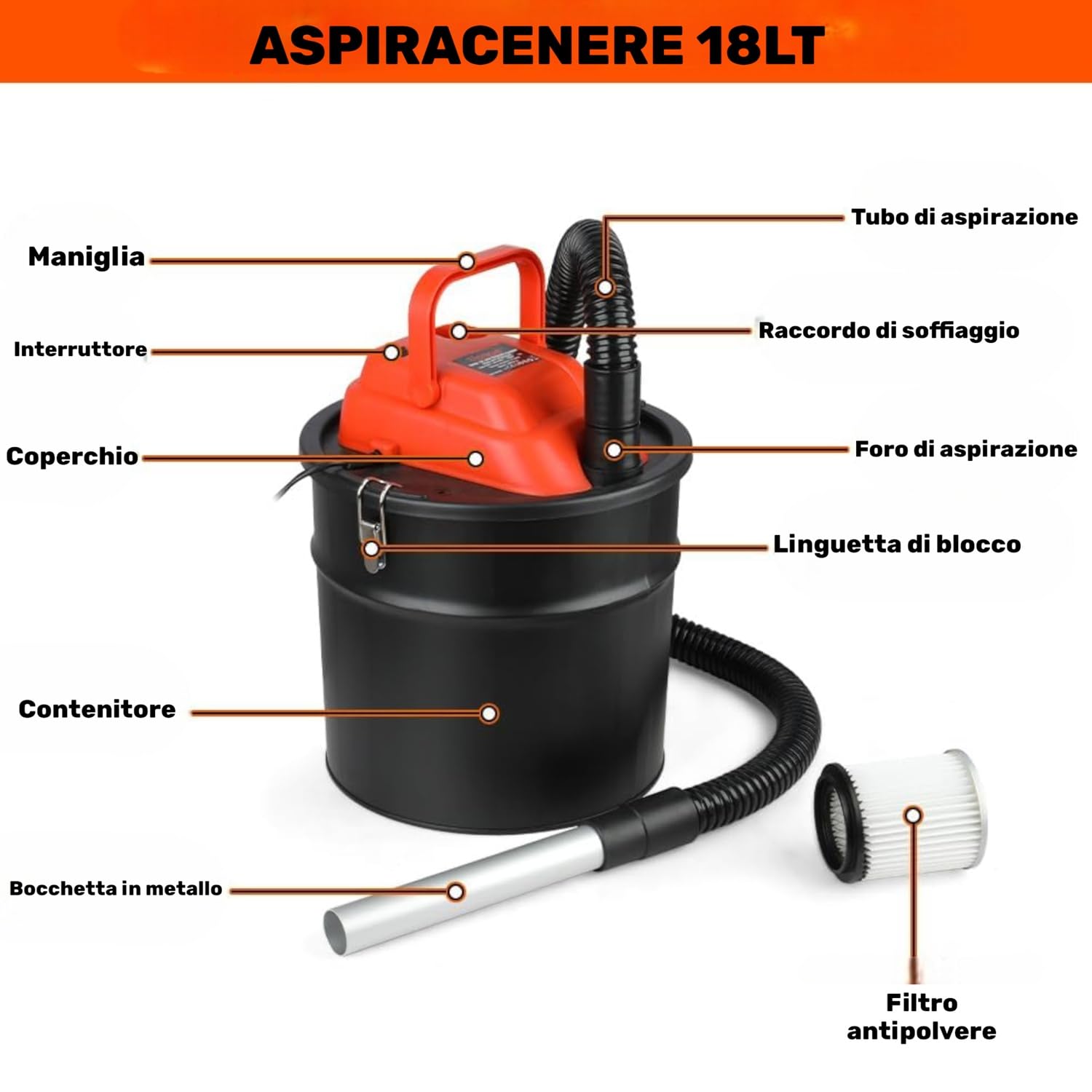 Bidone Aspiracenere Senza Sacco 800W 18LT con filtro HEPA Potenza di Aspirazione 16 KPA Tubo da 1,3 mt Becco in Alluminio Aspira Cenere per Camino Stufa a Pellet Barbecue con Funzione Soffiante