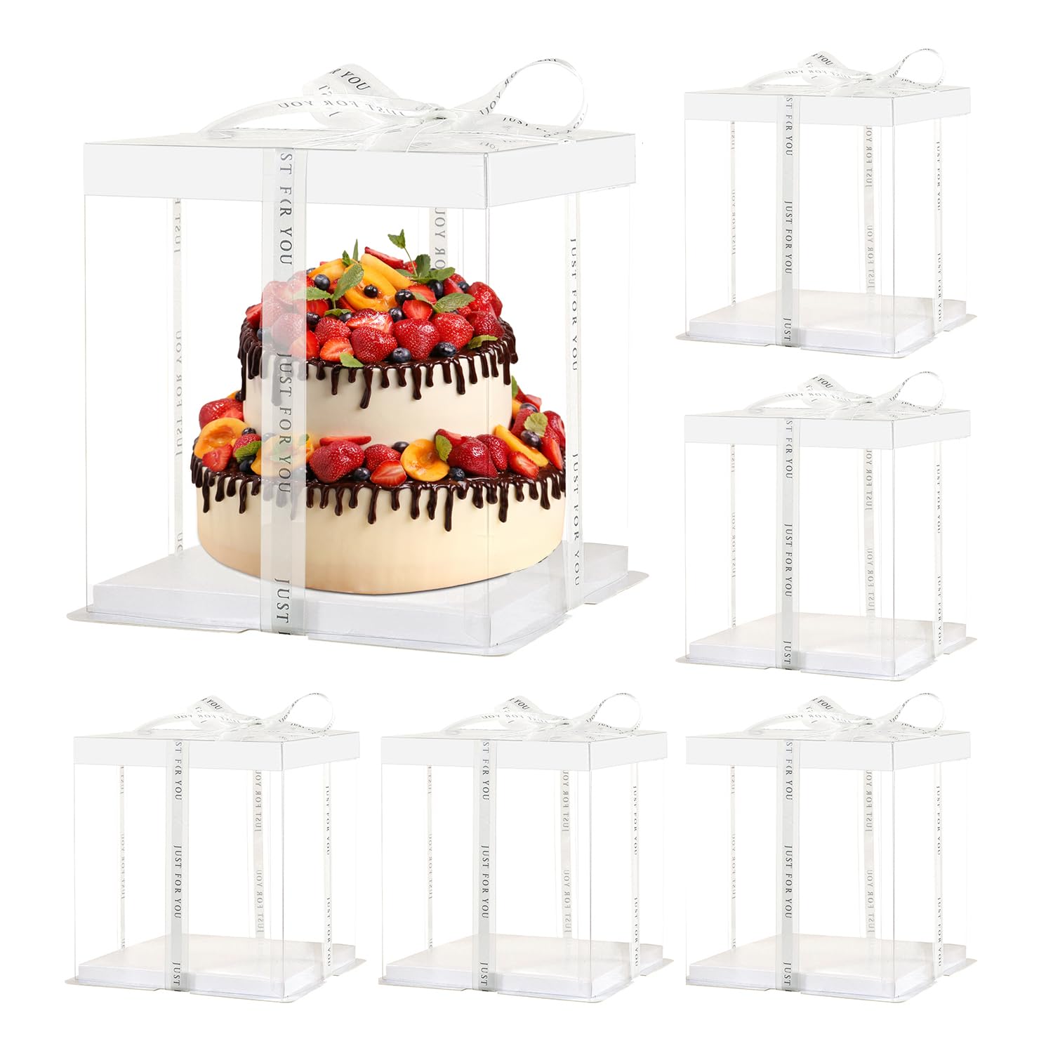 Photo 1 of JCD 6 Pcs 2-Layer Tall Cake Packaging Boxes,8x8x9in Clear Cake Box with Ribbon,PET Cake Carrier Transport Container for Tiered Cake (White Lid, 8 * 8 * 9inch/6Pcs)