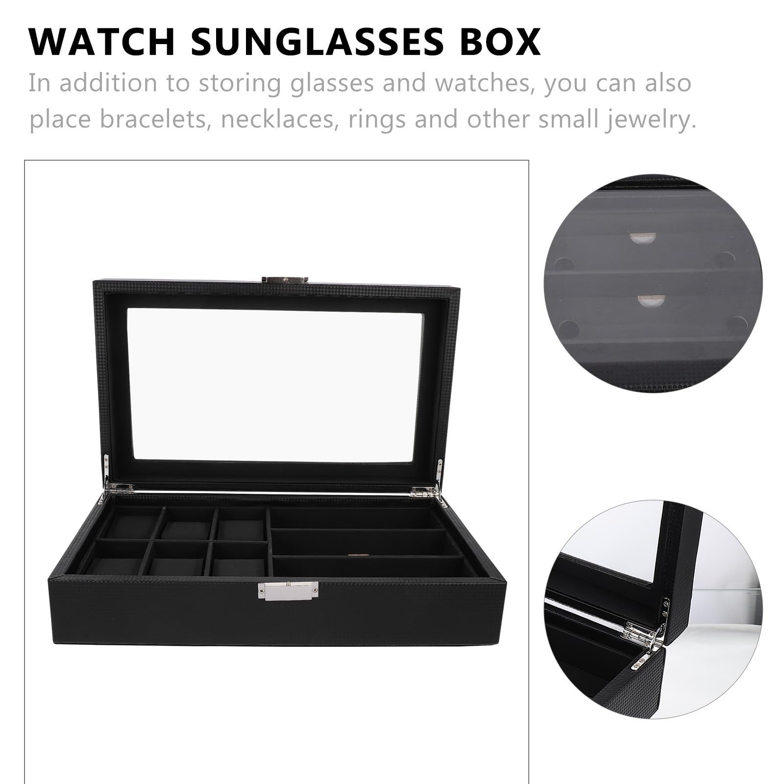Veemoon Caja para Gafas y Reloj de 6 Compartimentos Vidrio Negro