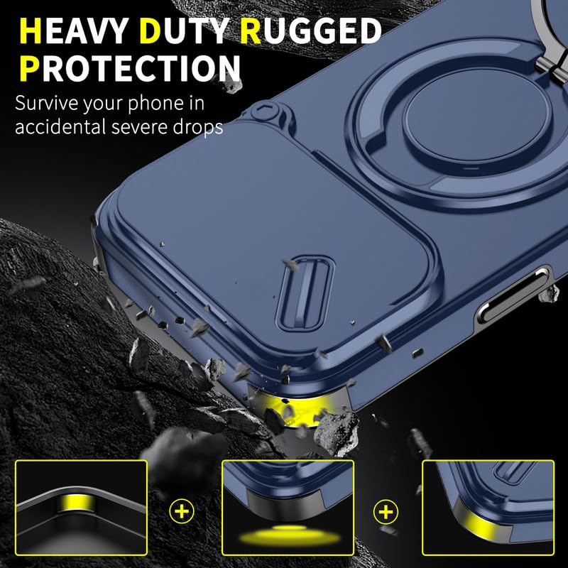Image of LuxuryKase Shockproof Rugged Case for iPhone 17 Pro Max | Slide Camera Cover | 360 Rotating Ring Kickstand | Military-Grade Protection - Navy Blue