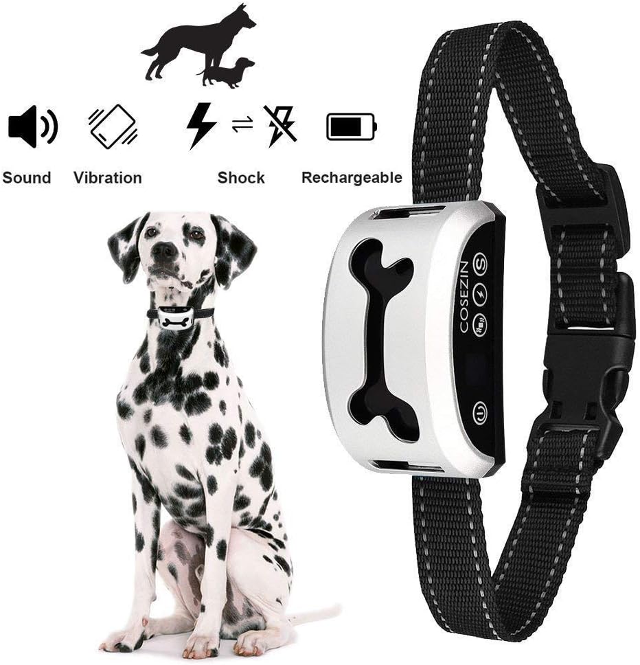 Bark Collar, Shock Collar for Dogs with Beep Vibration Harmless Shock,Rain Proof Rechargeable No Bark Training Collar for Small Medium Large Dogs (Large) (White)