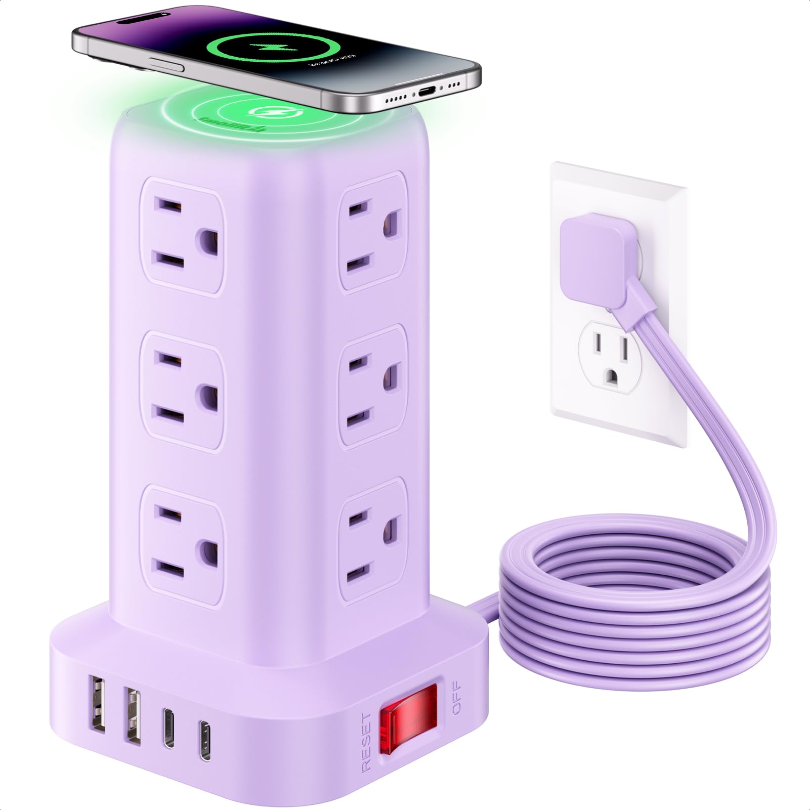 Extension Cord with Multiple Outlets, SMALLRT Outlet Extender with 12 AC Outlets 4 USB, 6.5FT Power Strip Tower for Home Office Supplies, Purple