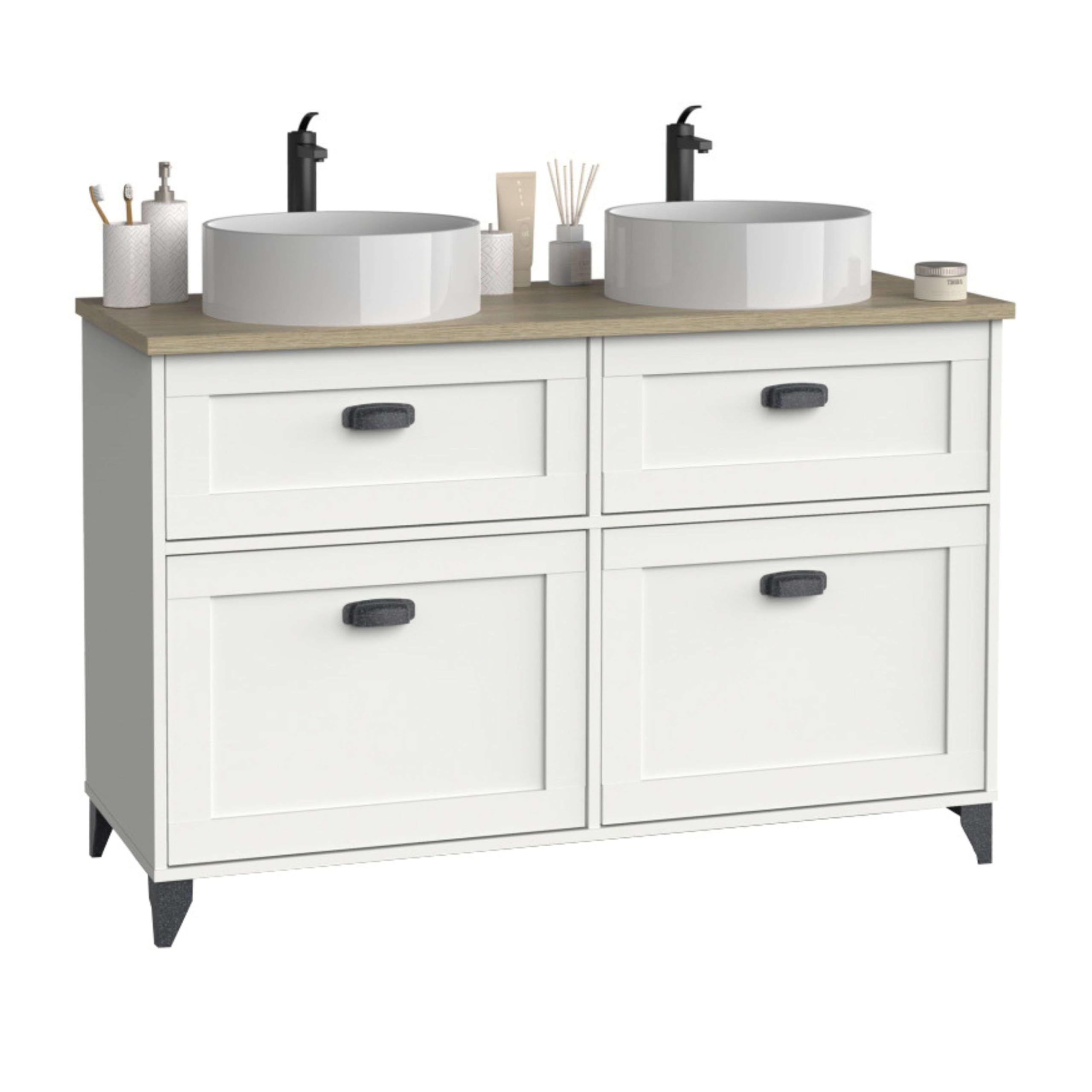 Muebles Pitarch | Mobile da bagno doppio, larghezza 120cm, con piedi, 2 cassetti a chiusura lenta, 2 porte, per lavabi da appoggio, Bianco e Rovere Cambrian, stile Vintage, modello Toscana