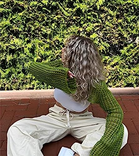 Aimiray Camiseta corta de ganchillo de malla sexy para mujer, con huecos, para playa, transparente, de manga larga, Y2K, Verde, L
