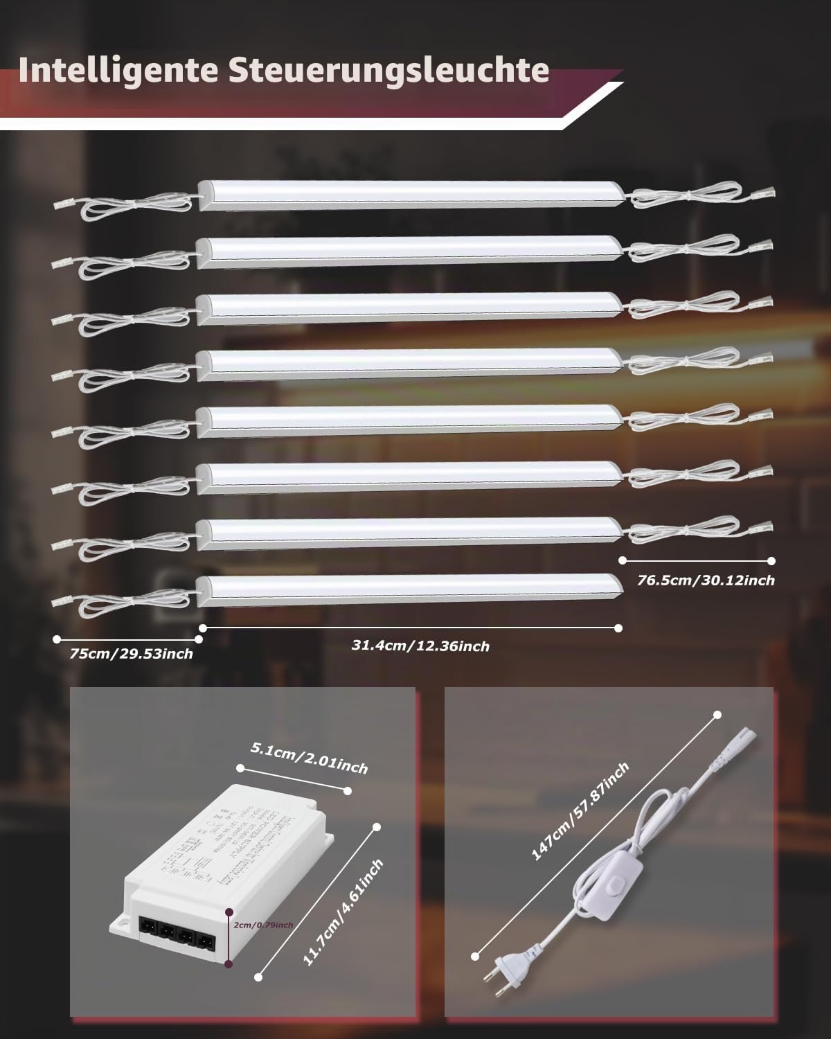 Cefrank V-förmige LED Unterbauleuchte Küche 8er Set 1600 lm 3000K Warmweiß | 30cm Aluminium LED Leiste für Vitrine Regal Schrank, gemütliche indirekte Beleuchtung mit EU Stecker oder Festverdrahtung