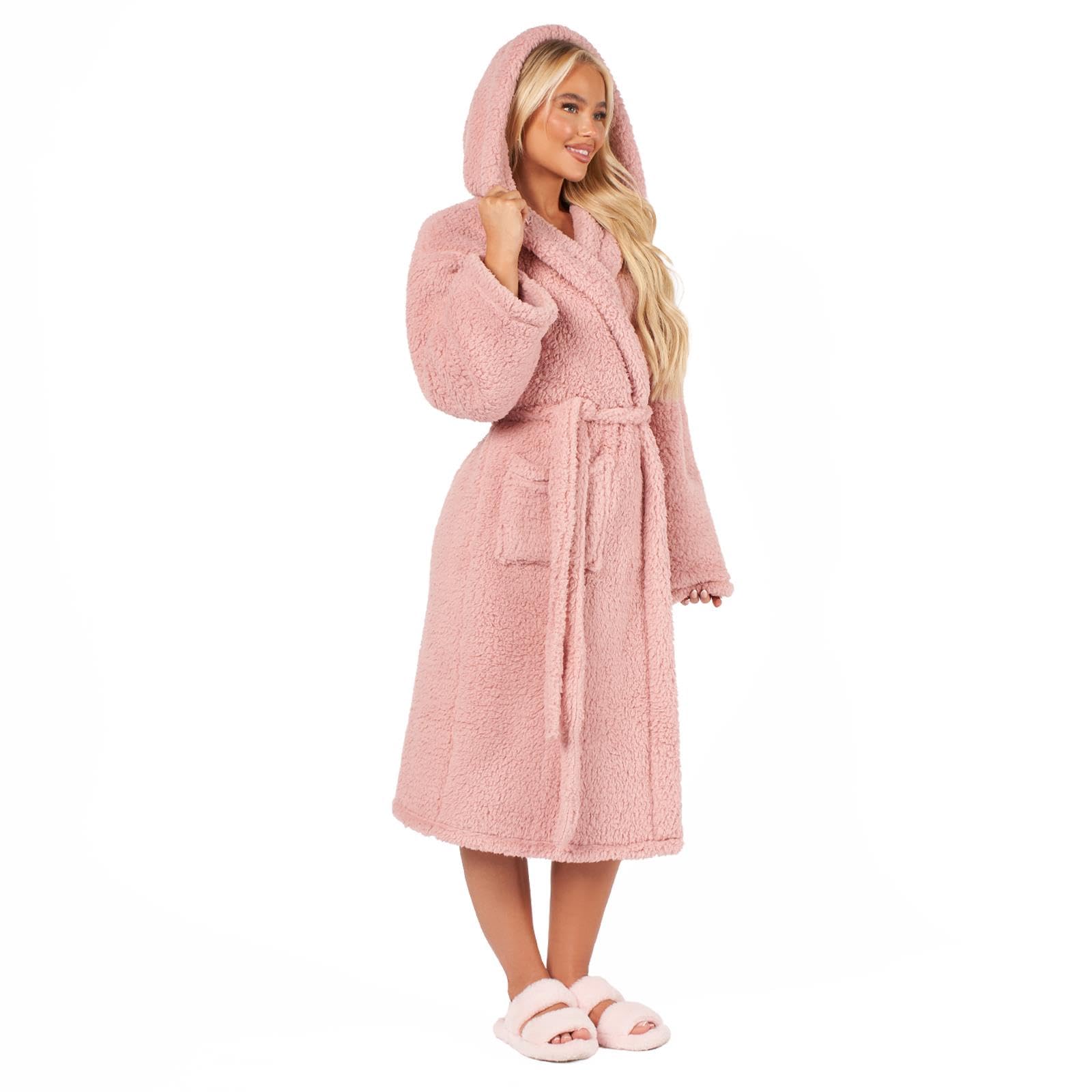 OHS Teddy Fleece Dressing Gown Womens, Mothers Day Gifts Bathrobe with Hood & Pockets Soft Warm Comfy Luxury Oversized Fluffy Ladies Dressing Gowns, Blush Pink One Size