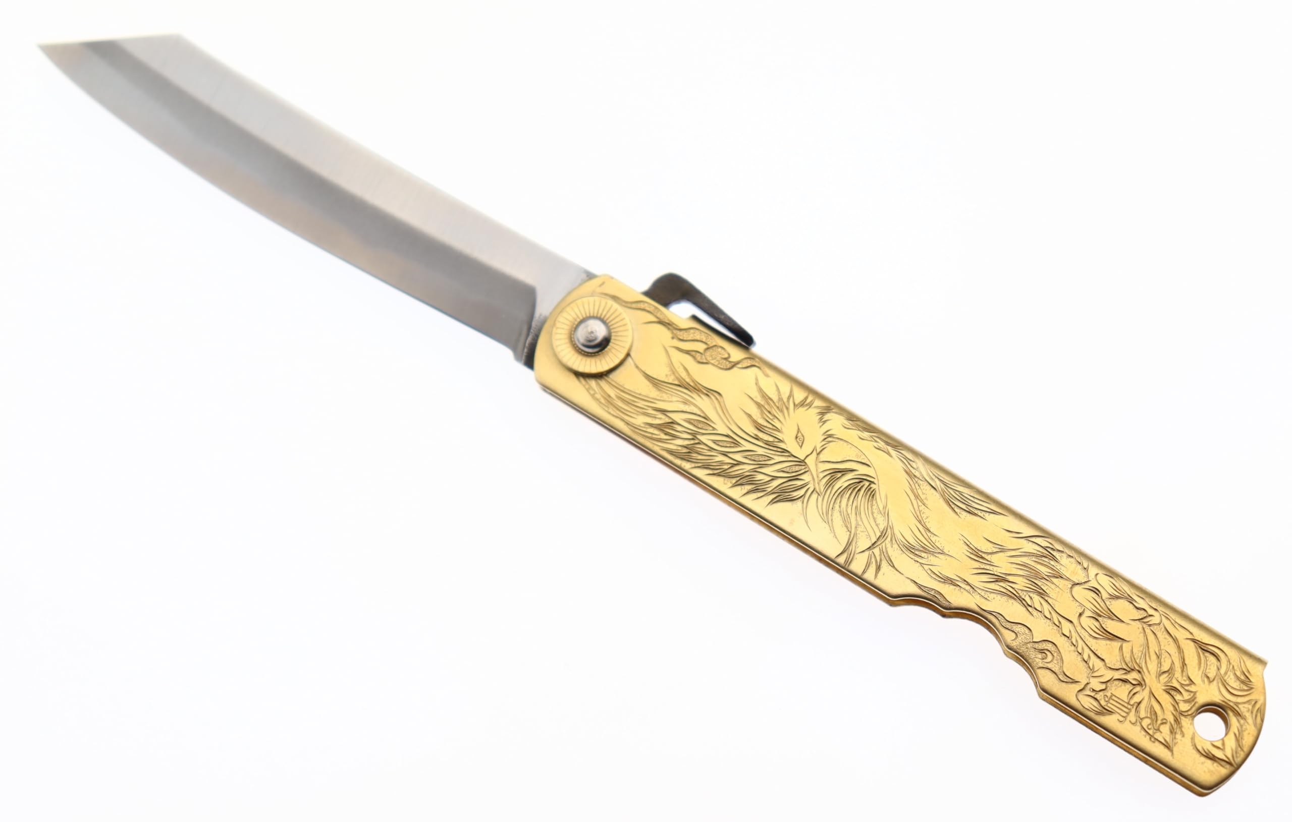 HIGO NO KAMI Klappmesser, Serie Holy Beasts von Nagao Kanekoma, Griff aus Graviertem Messing und Klinge aus Blauem Warikomi-Stahl mit Hohem Kohlenstoffgehalt, HRC 62–64 (Vermillion Bird)