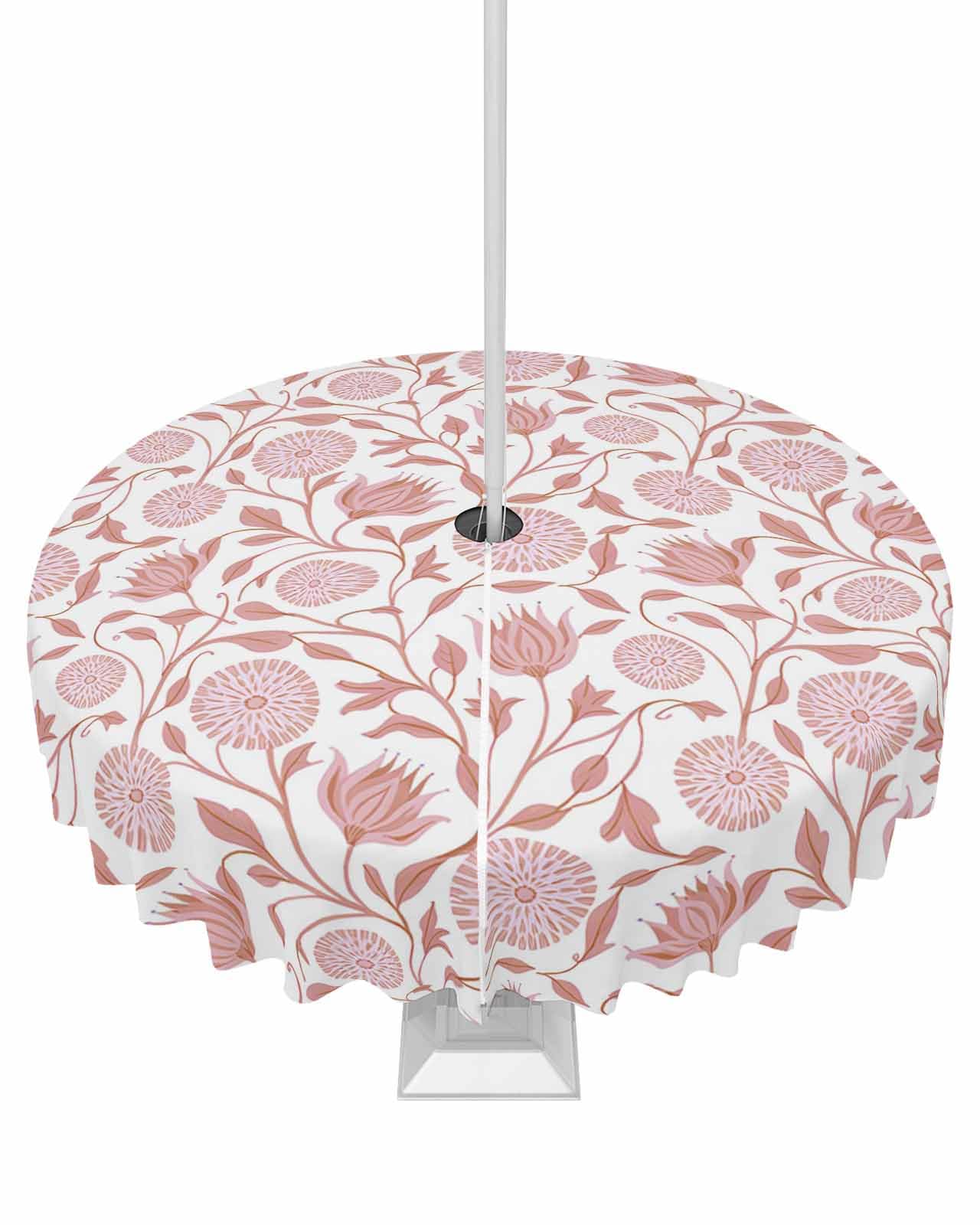Outdoor Tablecloth with Umbrella Hole and Zipper Pink Retro Floral Round Tablecloths 54 Inch Waterproof Table Cloths Plant Flower Leaves Branch Patio