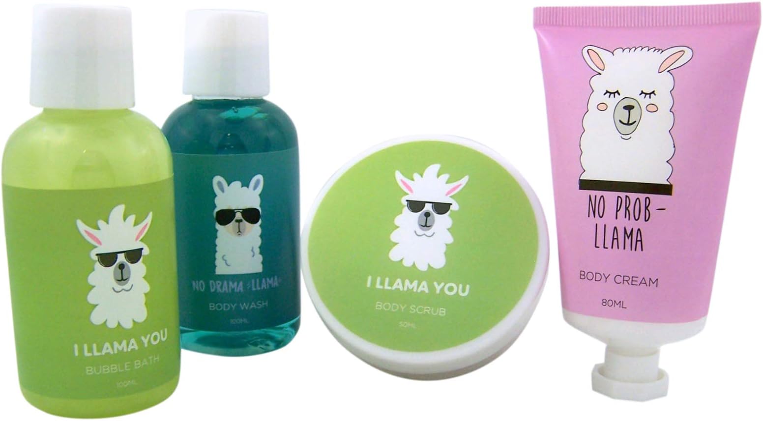 Myxx Llama Bath and Body Gift Set with Bubble Bath, Body Wash, Cream and Scrub
