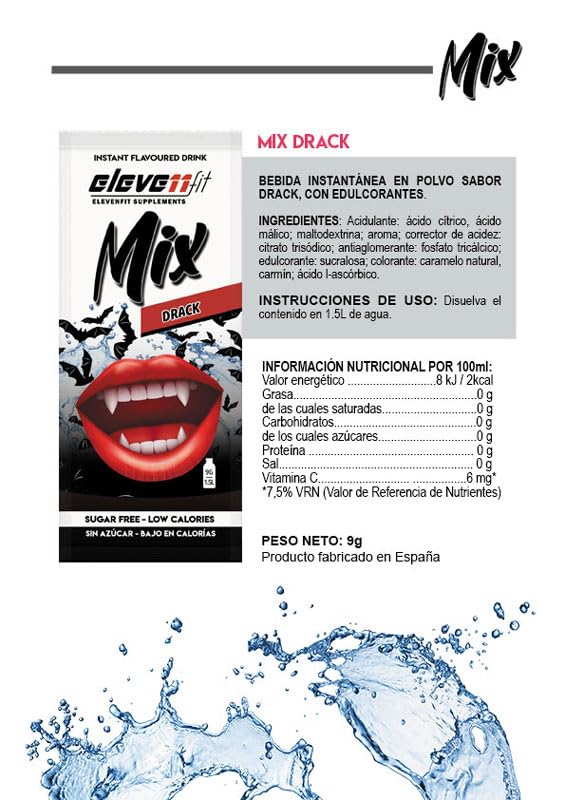 BEBIDAS MIX de ELEVEN FIT, 10 Sobres de Sabor DRACK SIN AZÚCAR, Bebidas Instantáneas Bajas en Calorías, 9g x 10 Sobres, Bebida hidratante, Mix no contiene ASPARTAMO, ni ACELSULFAMO K