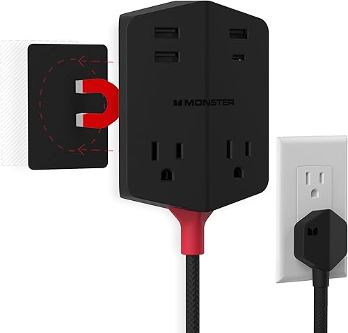 Monster Power Shield Extensor de toma de corriente de pared magnético, enchufe de pared múltiple con 2 tomas de CA, 3 puertos USB-A y 1 puerto USB-C