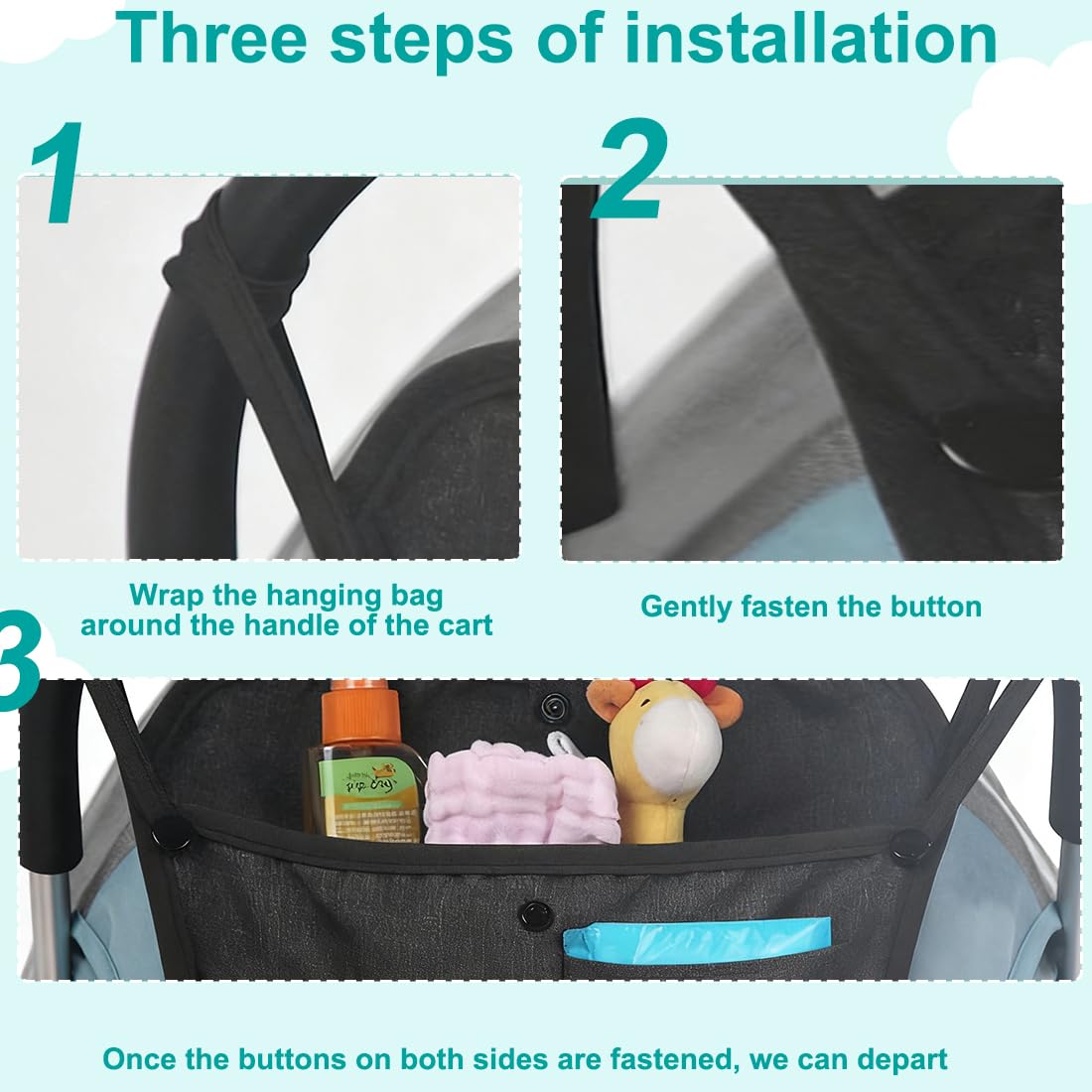 Organizer Universale per Passeggino Borsa Multiuso per Carrozzina Rete Portaoggetti per Passeggini Borsa per Spesa Organizer per Carrozzina (33 x 30 cm, Nero)