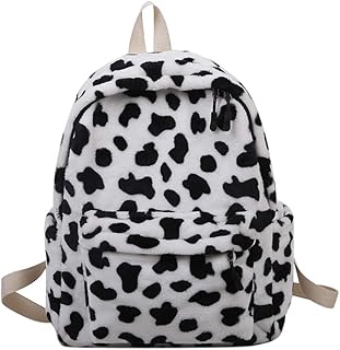 Mochila de felpa con estampado de vaca para mujer, mochila para portátil con estampado animal, mochila esponjosa y peluda, mochila occidental Y2k para estadio, viajes casuales, Un color, Una