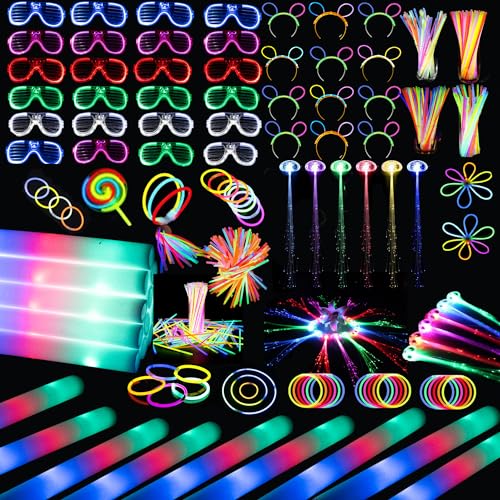 272 PCs Glow Party Supplies, 24 Foam Glow Sticks, 24 LED Glasses and 200 Glow Sticks ? Bracelets, 12 Glow sticks headband 12 Fiber Optic Hair Light?Glow Neon Party Favors for Wedding, Concert, Raves
