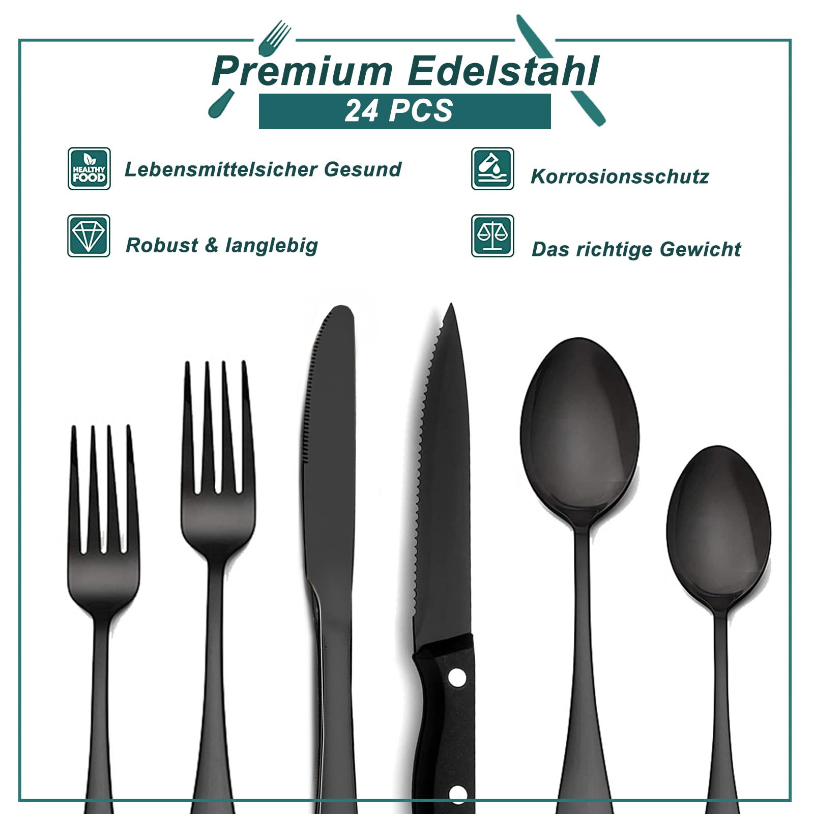 CALIYO Besteck Set, 24-teiliges Besteck Set mit Steakmesser für 4 Personen mit Messer Gabel Löffel, Hochwertiges Edelstahlbesteck, Hochglanzpoliert & Spülmaschinenfest für Haus/Küche/Restaurant