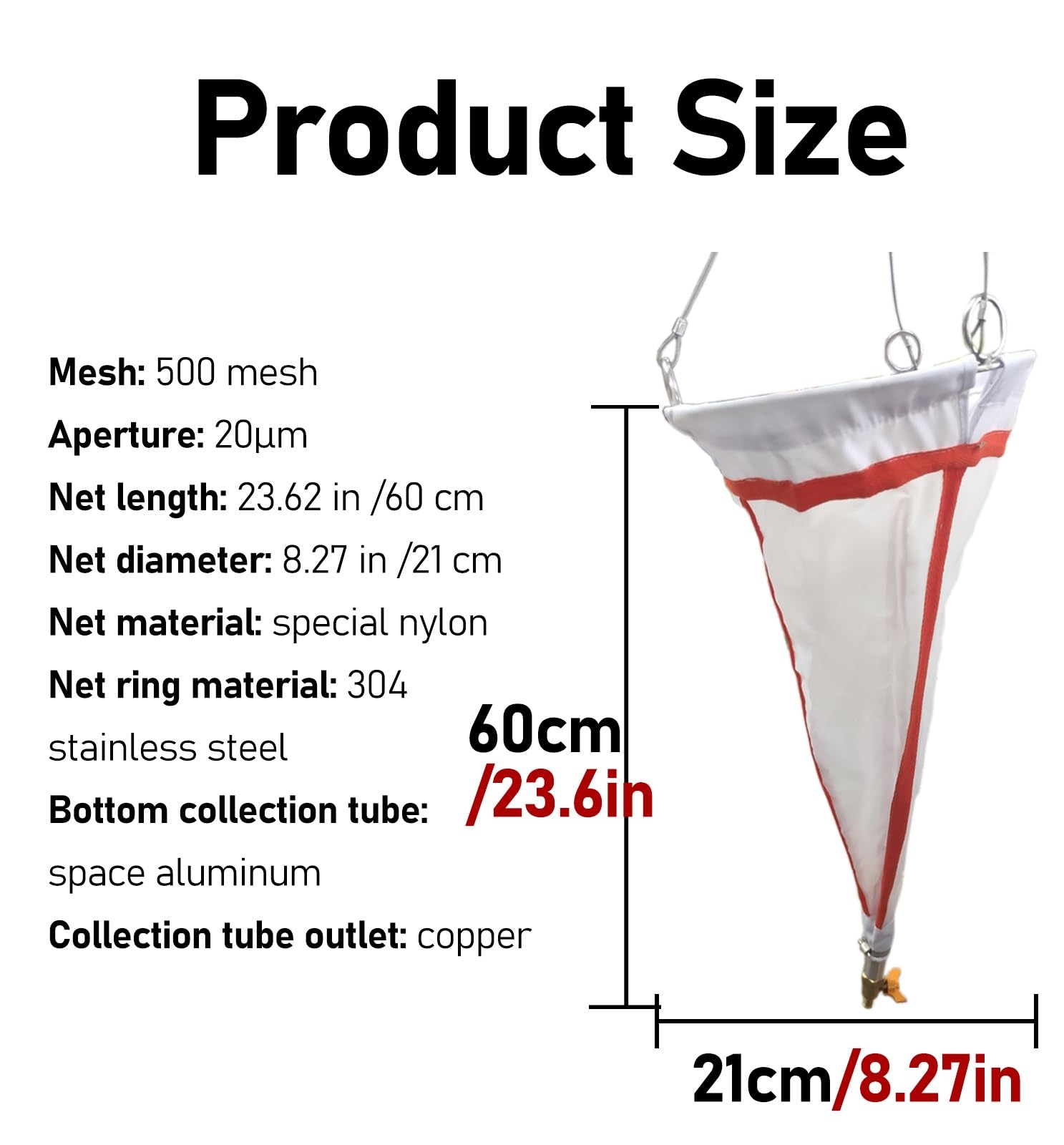 ERRULAN 625/500 Mesh Plankton Tow net - - 23.62in Long, 8.27in in Diameter, 20/25 ?m Plankton Collection net, Thickened Experimental Nylon for Collecting phytoplankton, Protozoa(25 Micron)
