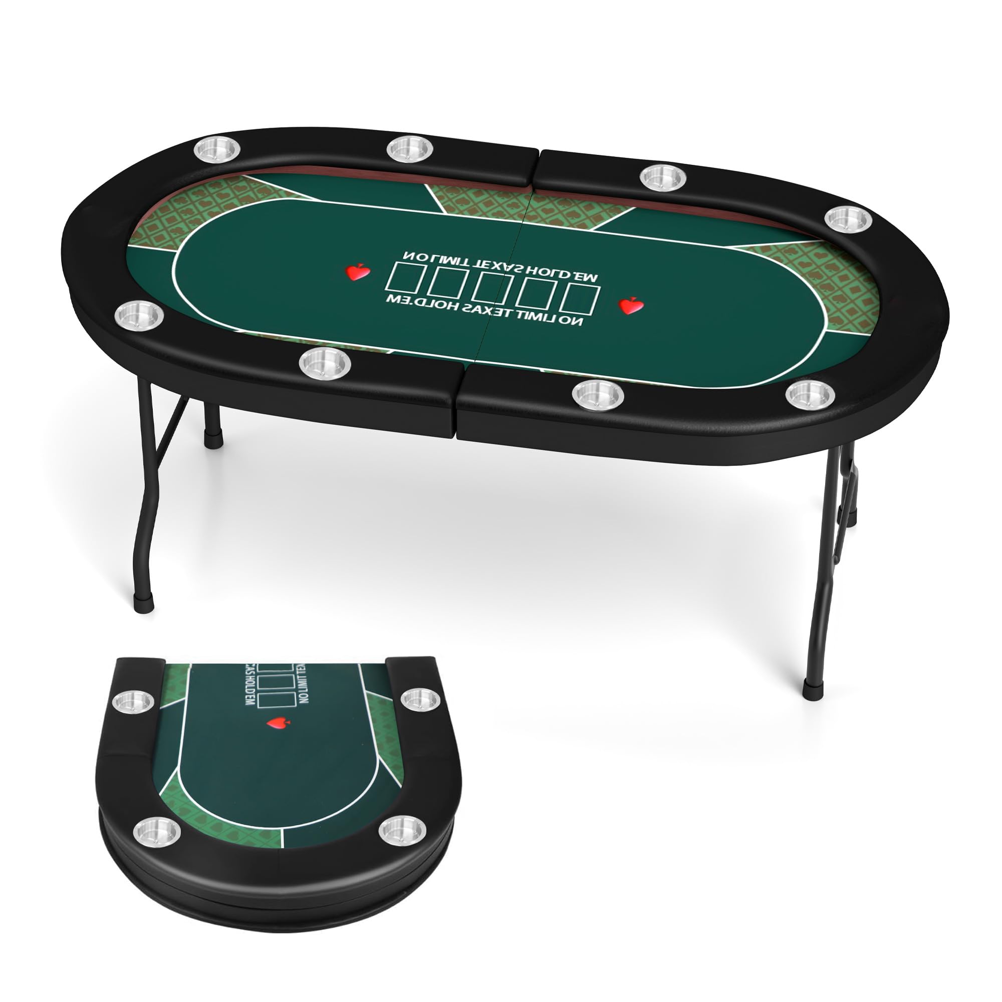 LUCKYERMORE Premium Foldable Poker Table for 8 Players, Portable Texas Blackjack Holdem Table with Stainless Steel Cup Holders, Folding Casino Leisure Card Board Game Table, Green Felt Surface