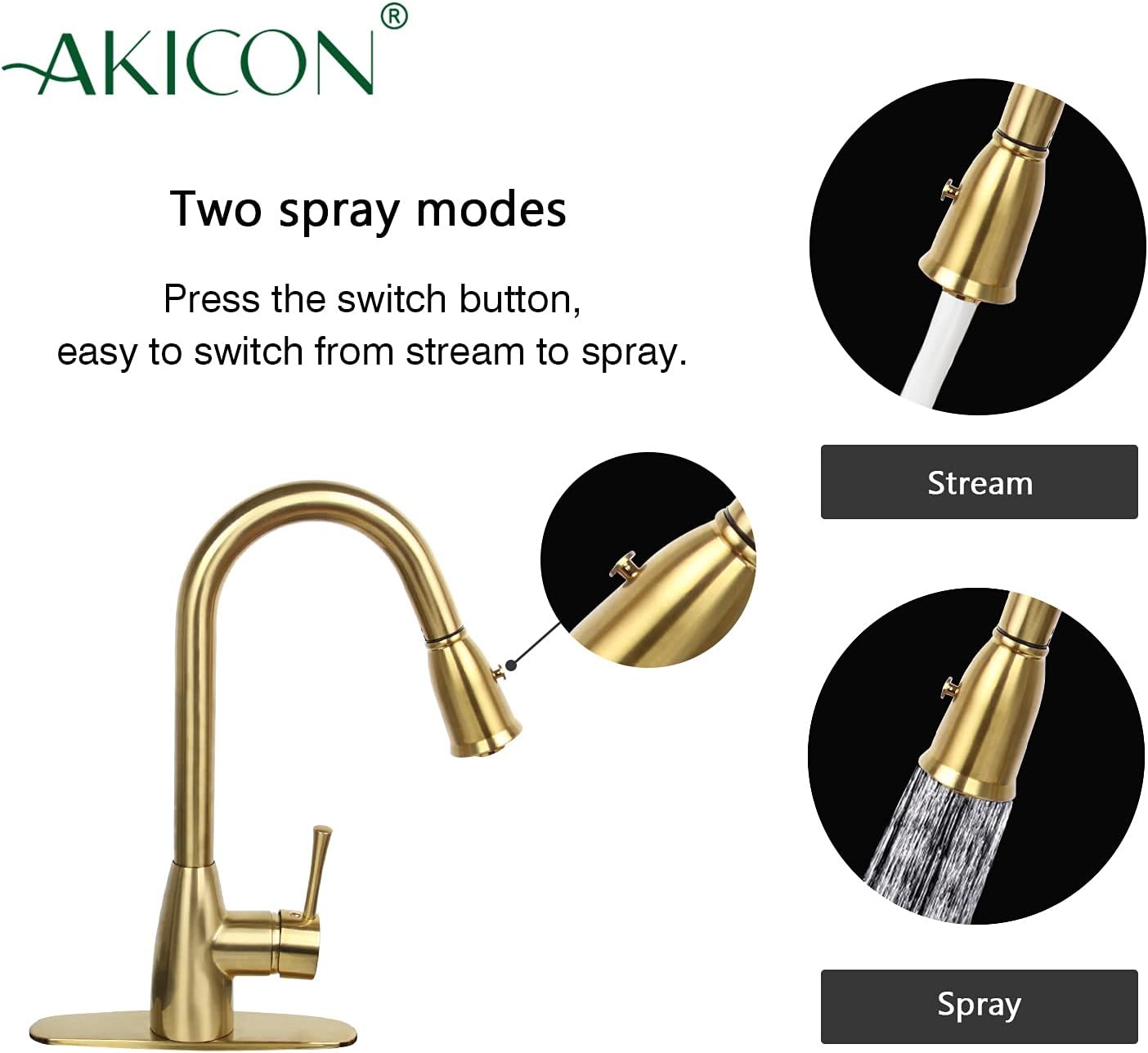 Akicon Single-Hole Single Handle Level Solid Brass Kitchen Sink Faucets with Pull Down Sprayer and Deck Plate, Air Gap (Brushed Gold Brass, Modern) 105
