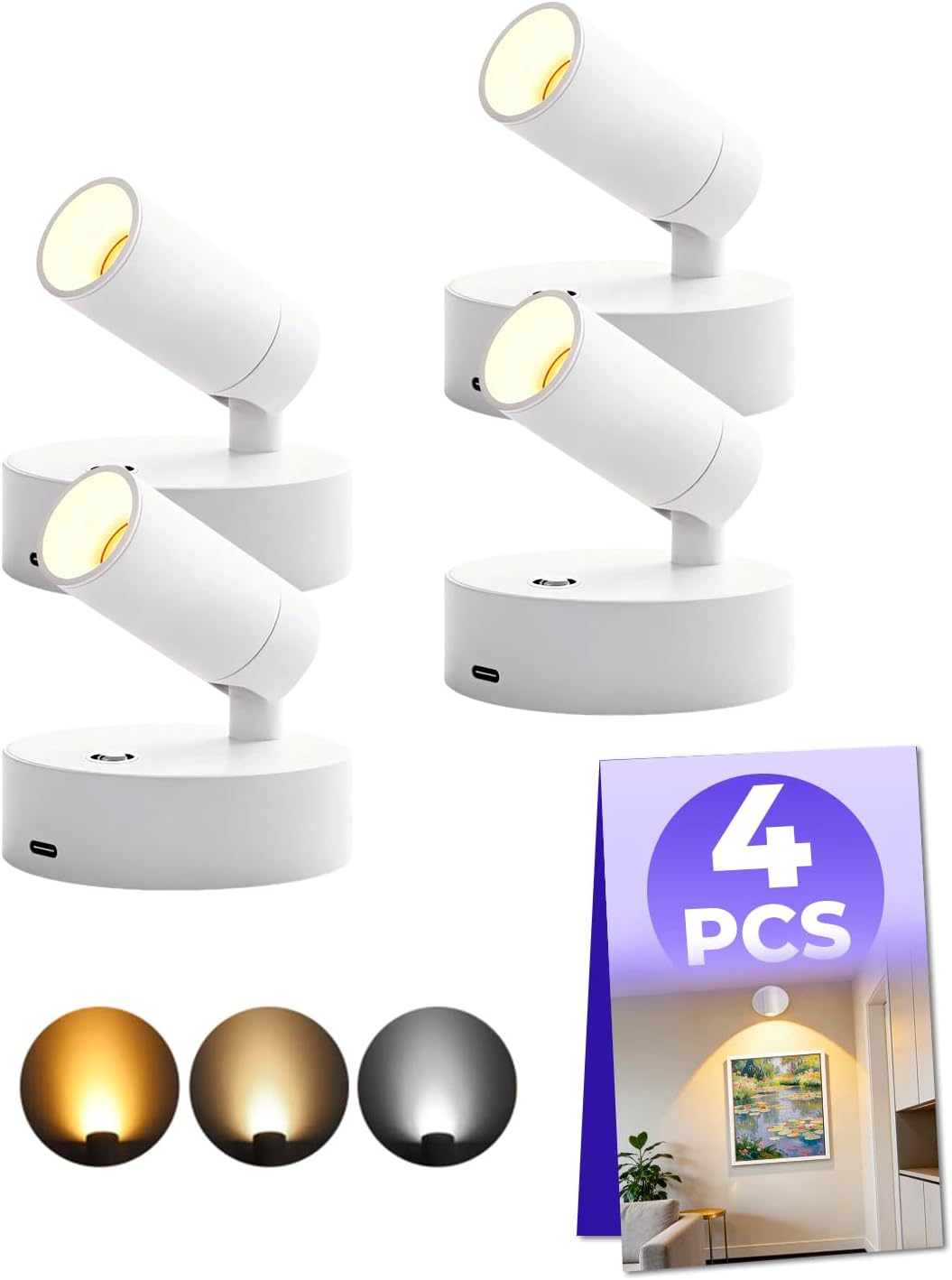 4Pcs Spot Lights Indoor for Paintings, LED spot Lights Indoor for Plants with 350° Adjustable Head, 3 Lighting Modes for Paintings, Artwork, Plants, and Shelf Display in Home & Gallery