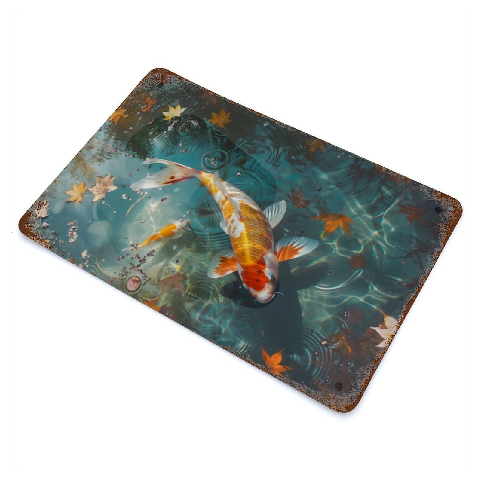 Aged Metal Wall Plaque with Koi Pond Design 11.8"x7.9", for Basement, Hobby Room And Garage Decor, Farmhouse Wall Decor