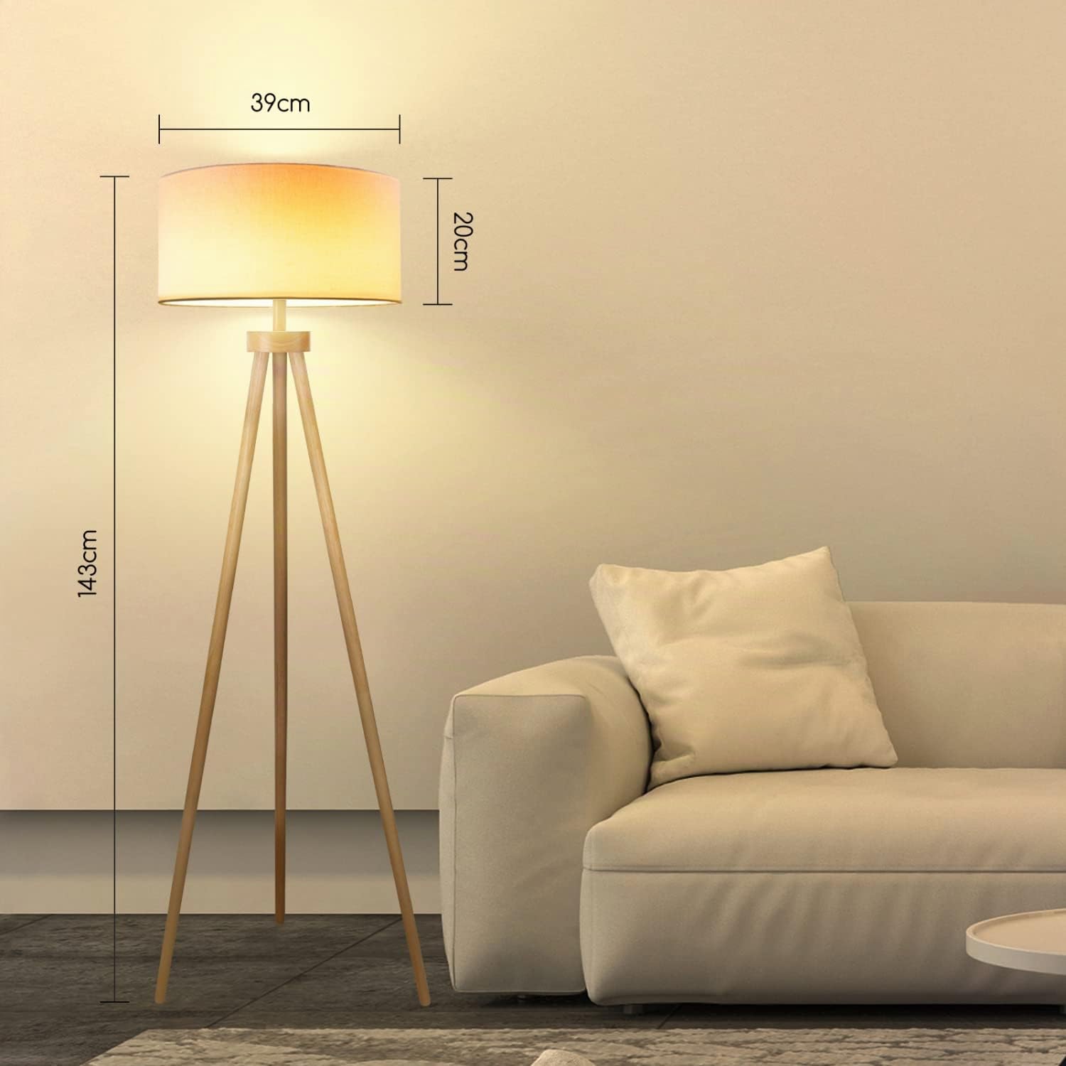Aigostar Lampara de Pie Salon E27 Retro de Madera Trípode, 2pcs, Sin Bombilla (Max.60W), Pantalla de Lino e Interruptor de Pie, Cable 180 cm, Madera Maciza, Estilo Nórdico