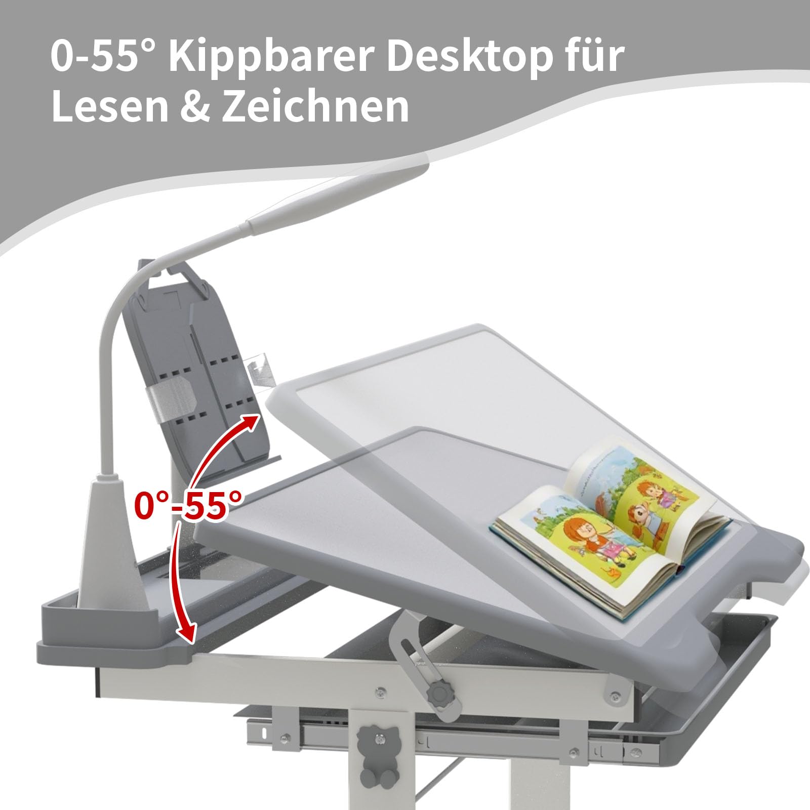 YLGJ&TIDY Schreibtisch Kinder, Kinderschreibtisch und Stuhl Set, Höhenverstellbar Kinderschreibtisch für Kinder 3-12 Jahre, Mehrfunktional Kinderschreibtisch mit, Aufbewahrung, Malen & Lesen (Grau)