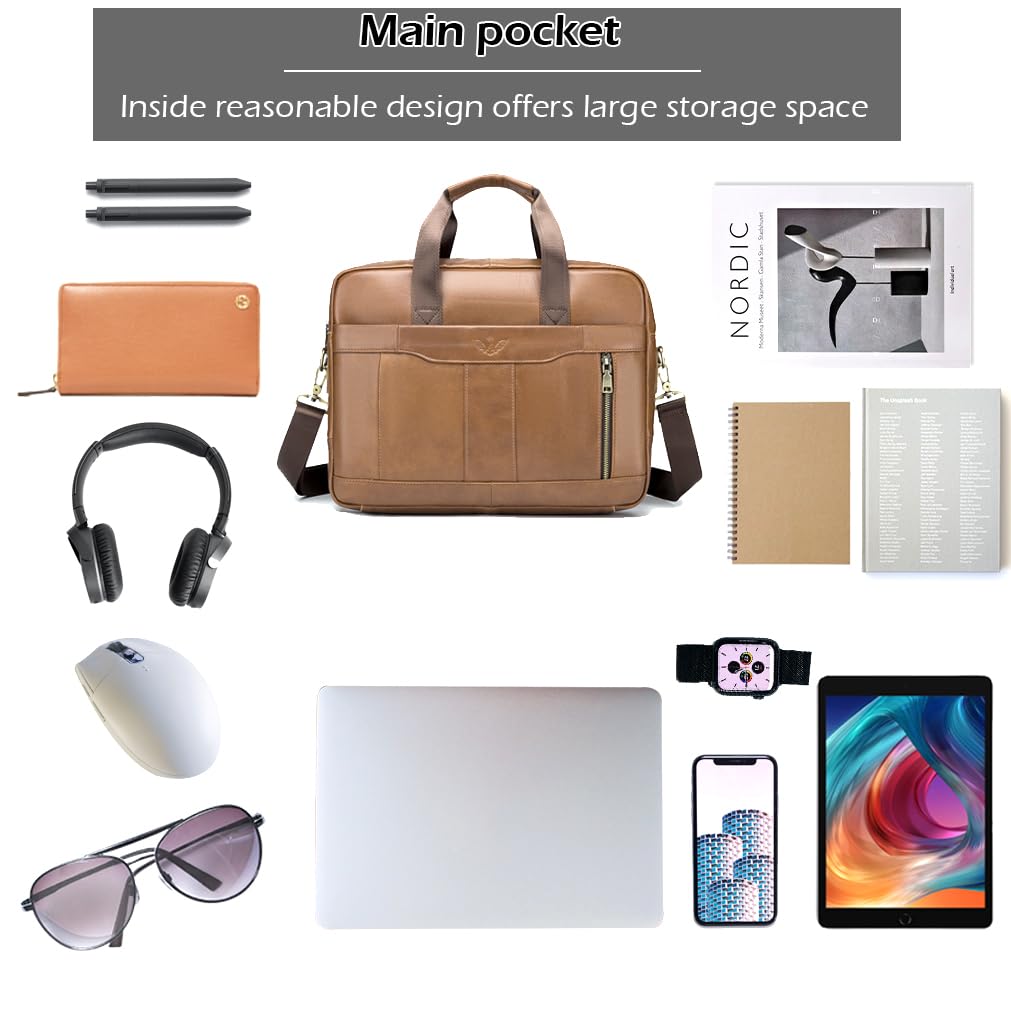 SPAHER Sacoche Ordinateur Homme Cuir Cartable 15.6 Pouces Porte Document Homme Cuir Sac à Main Sac Bandoulière Homme Sacoche Affaire Serviette Business