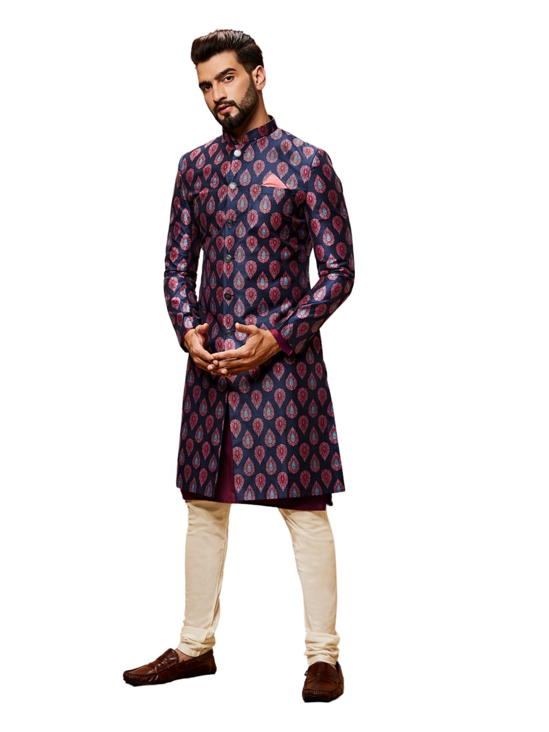 kisah Men's Kurta Indo-Western Sherwani Churidar Set, Blue Jacquard, Woven Design Regular Fit Mandarin Collar Long Sleeves-picture-41