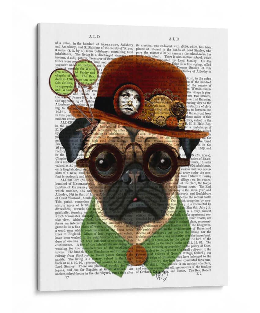 Canvas Lab Canvas Wall Art Decor Pug with Steampunk Bowler Hat by the Artist Fab Funky – Size: 30 x 40 in - Art subject: Animals,Nature,Nature and animals