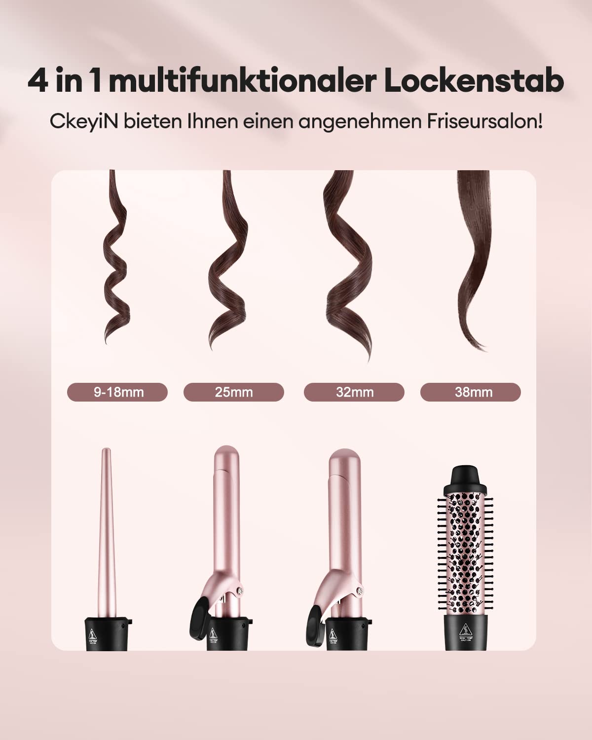 Set Arricciacapelli 4 in 1 con,Spazzola Arricciacapelli e 3 Ferri Arricciacapelli Intercambiabili,Ferro Arricciacapelli in Ceramica Tormalina Multifunzionale da 9-38 mm Per Ricci Grandi e Piccoli