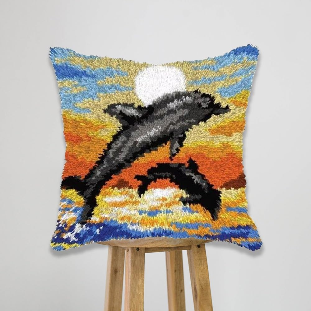 JILIP Kit Ganci di Chiusura per Adulti, Set di Tartarughe con Copertura per Cuscino Delfino Marino Fai da Te, Kit Artigianali per Federa per Cuscino in Filato per Divano, 17 * 17" (Color : Dolphin)