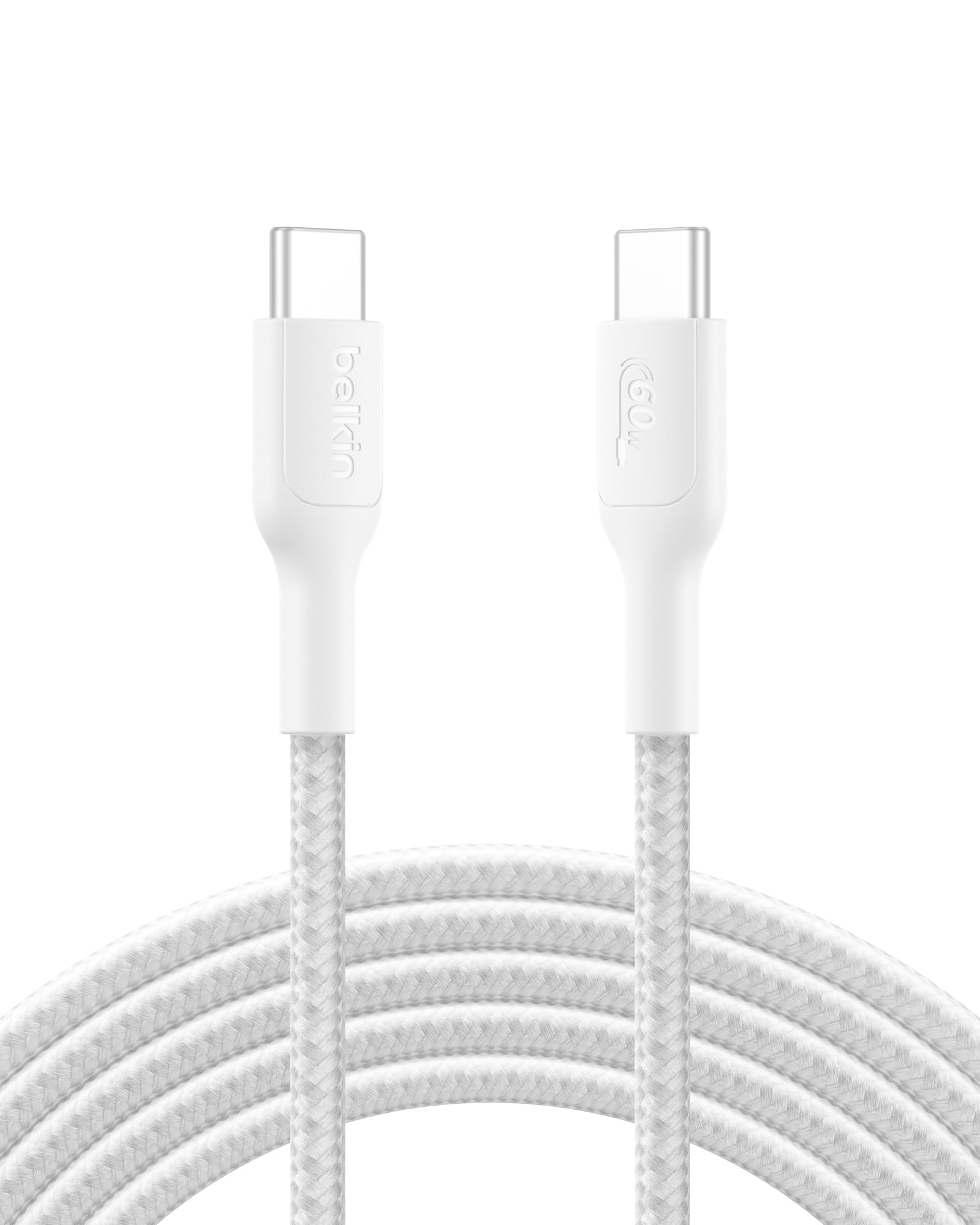 Belkin CAB024fq2MWH Cable de Nylon Trenzado USB-C a USB-C, Carga Ultra Rápida, 60W, Compatible PD, Compatible con iPhone 15/16/iPad/MacBook/Windows/Galaxy/Pixel, Android Variety, 2 m, Blanco