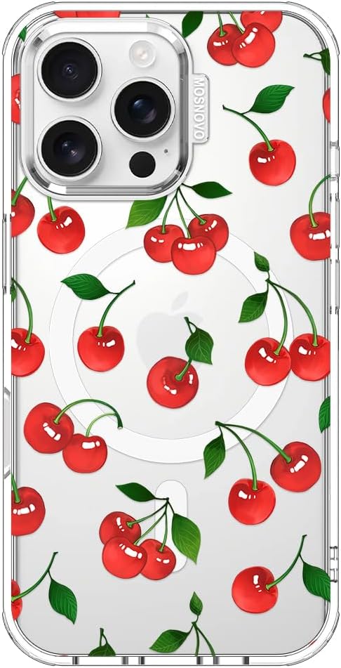 MOSNOVO Case for iPhone 16 Pro Max, [Compatible with Magsafe] [Buffertech 6.6ft Military-Grade Drop Protection] [Anti Peel Off Tech] Clear Phone Case Design - Cute Cherry