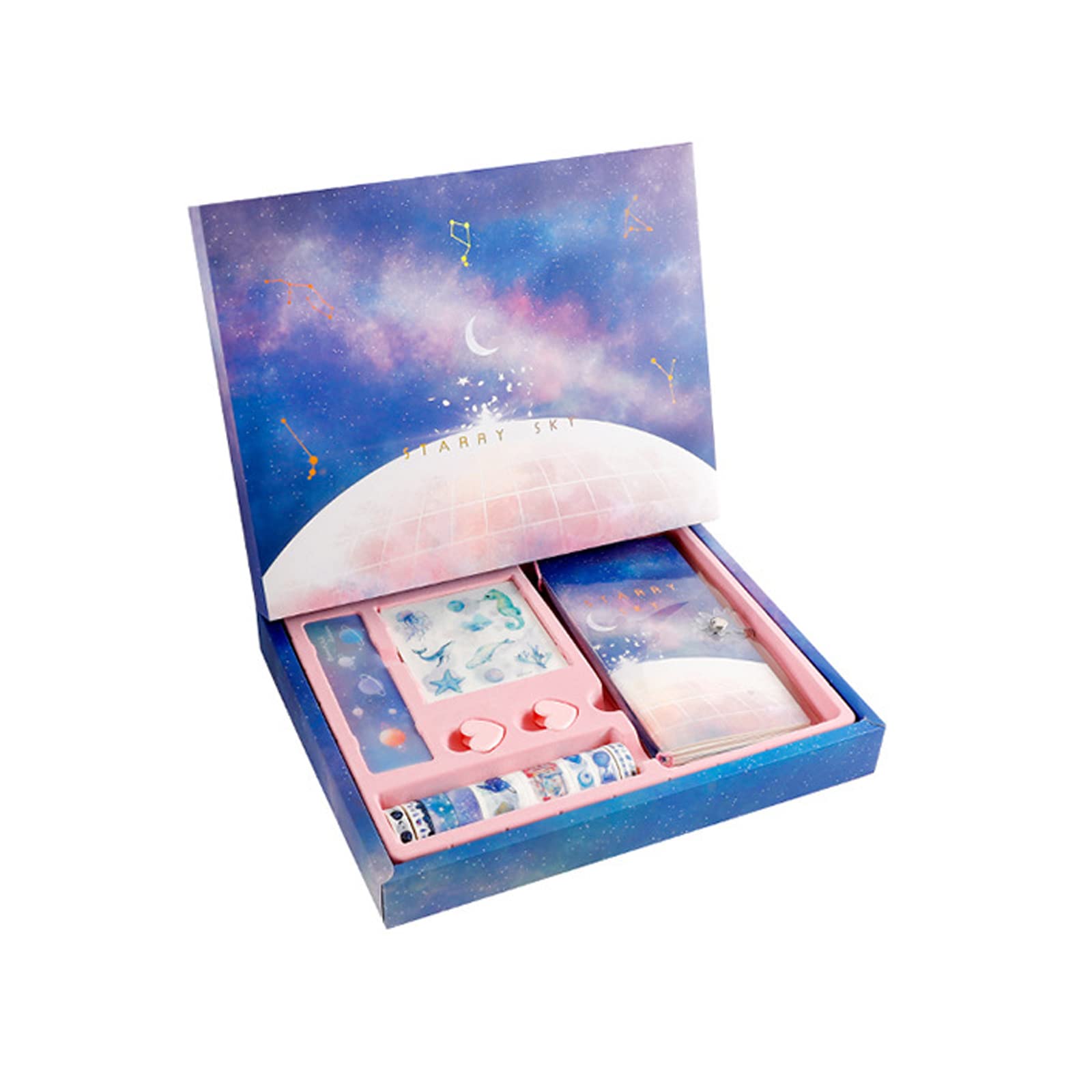 Kawaii Lindo Juego de Papelería, 1 Cuaderno, 20 Pegatinas de Papel Japonesas, 2 Clips Redondos, 10 Rollos de Cinta Washi, 4 Páginas Divisorias, para útiles Escolares y de Oficina,Starry Sky