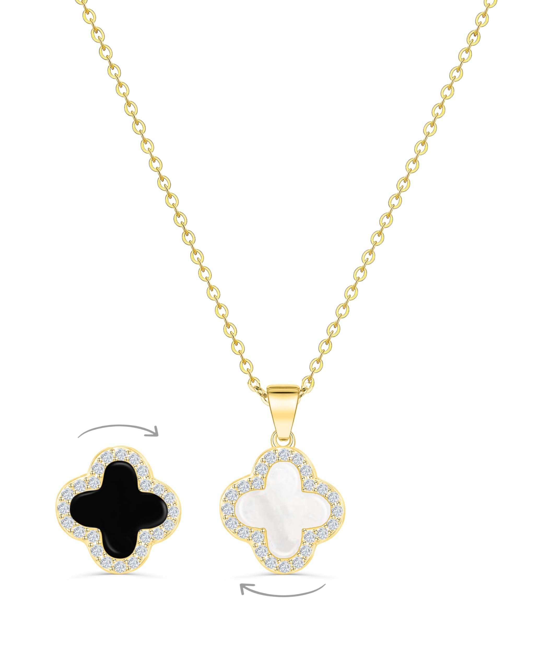 SHINYY2 Side Crystal Clover Necklace for Women 18K Gold Plated Stainless Steel Four Leaf Lucky Pendant Black & White Cubic Zirconia Jewelry for Mother and Daughter
