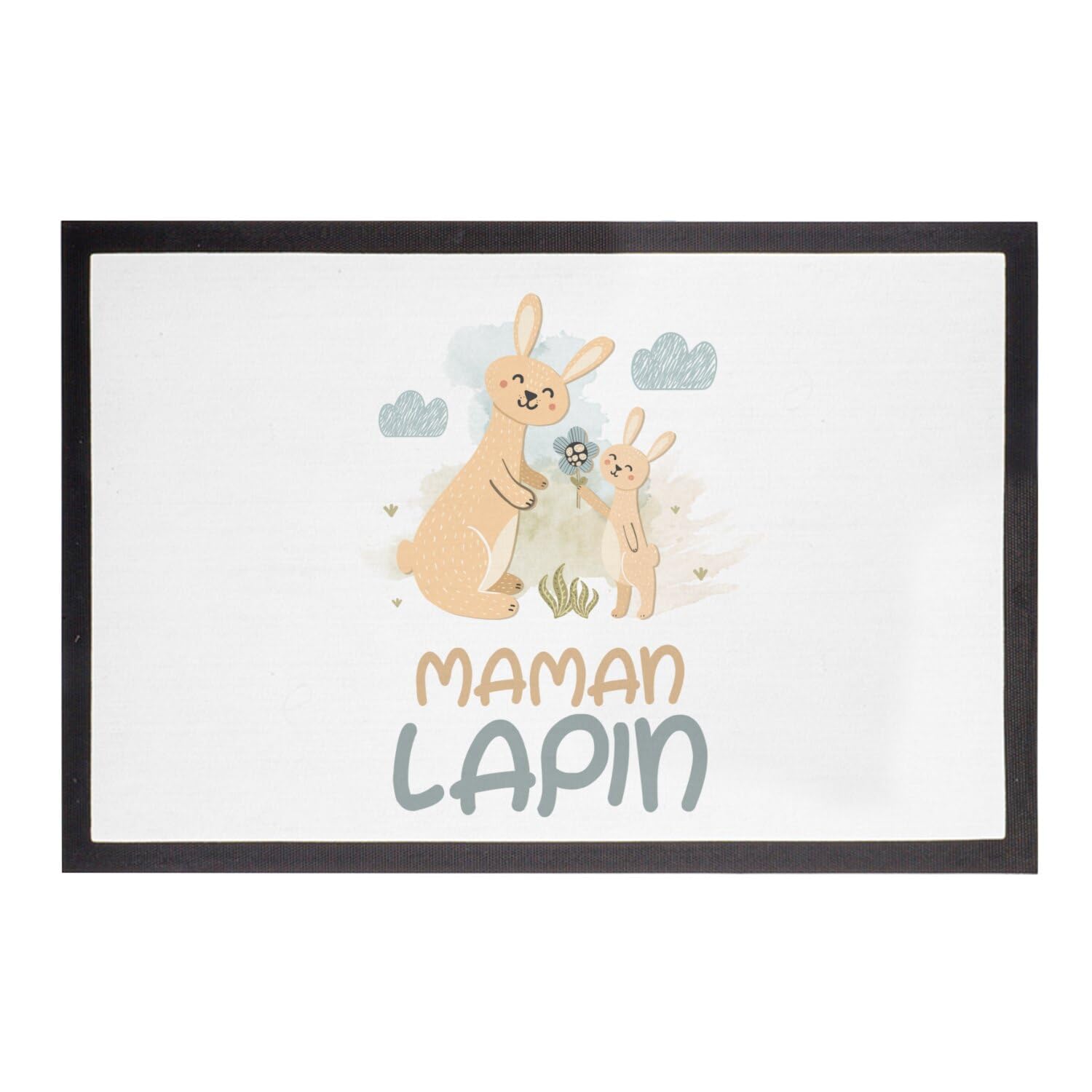 Paillasson Blanc Maman Lapin et Son Bébé Dessin Illustration 60x40cm
