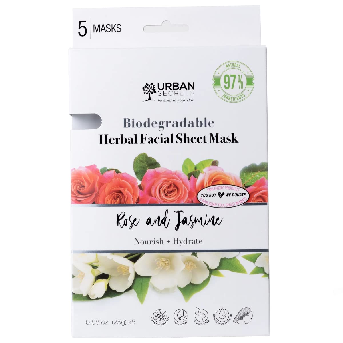 Urban Secrets 5 Pack Rose & Jasmine Herbal Facial Biodegradable Cellulose 2 in 1 Sheet Mask 25g x 5