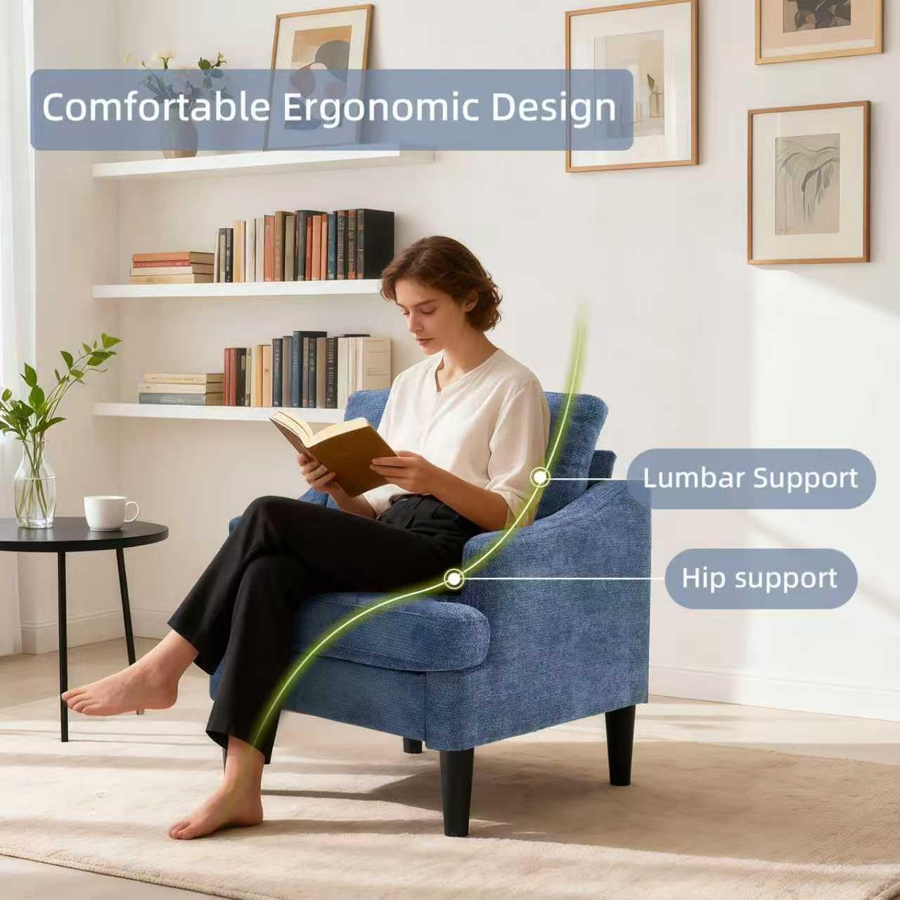 Mid-Century Modern Accent Chair,Blue Armchair, Comfy Living Room Chairs,Sofa Chair for Bedroom, Apartment, Studio, Waiting Room, Ideal as Readingchair with Plastic Legs